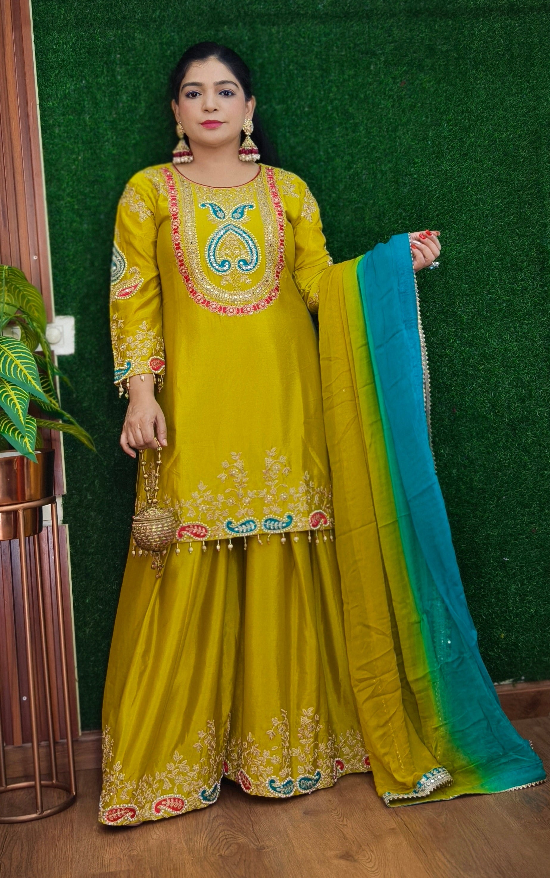 NEON AND ORANGE PREMIUM CHINON EMBRORAIRED PEPLUM SHARARA SUIT WITH FULL DUPATTA (Copy)