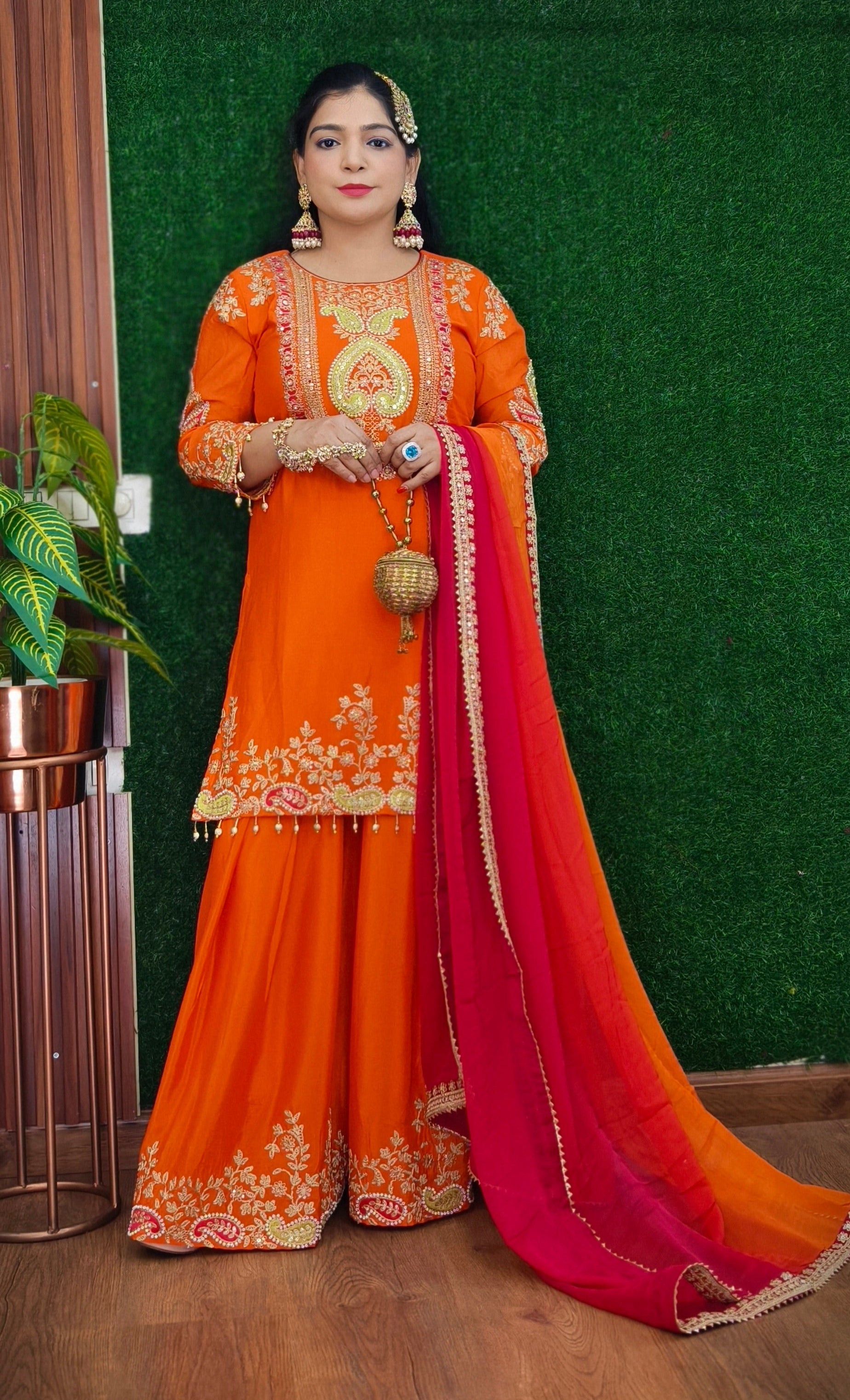 NEON AND ORANGE PREMIUM CHINON EMBRORAIRED PEPLUM SHARARA SUIT WITH FULL DUPATTA (Copy)