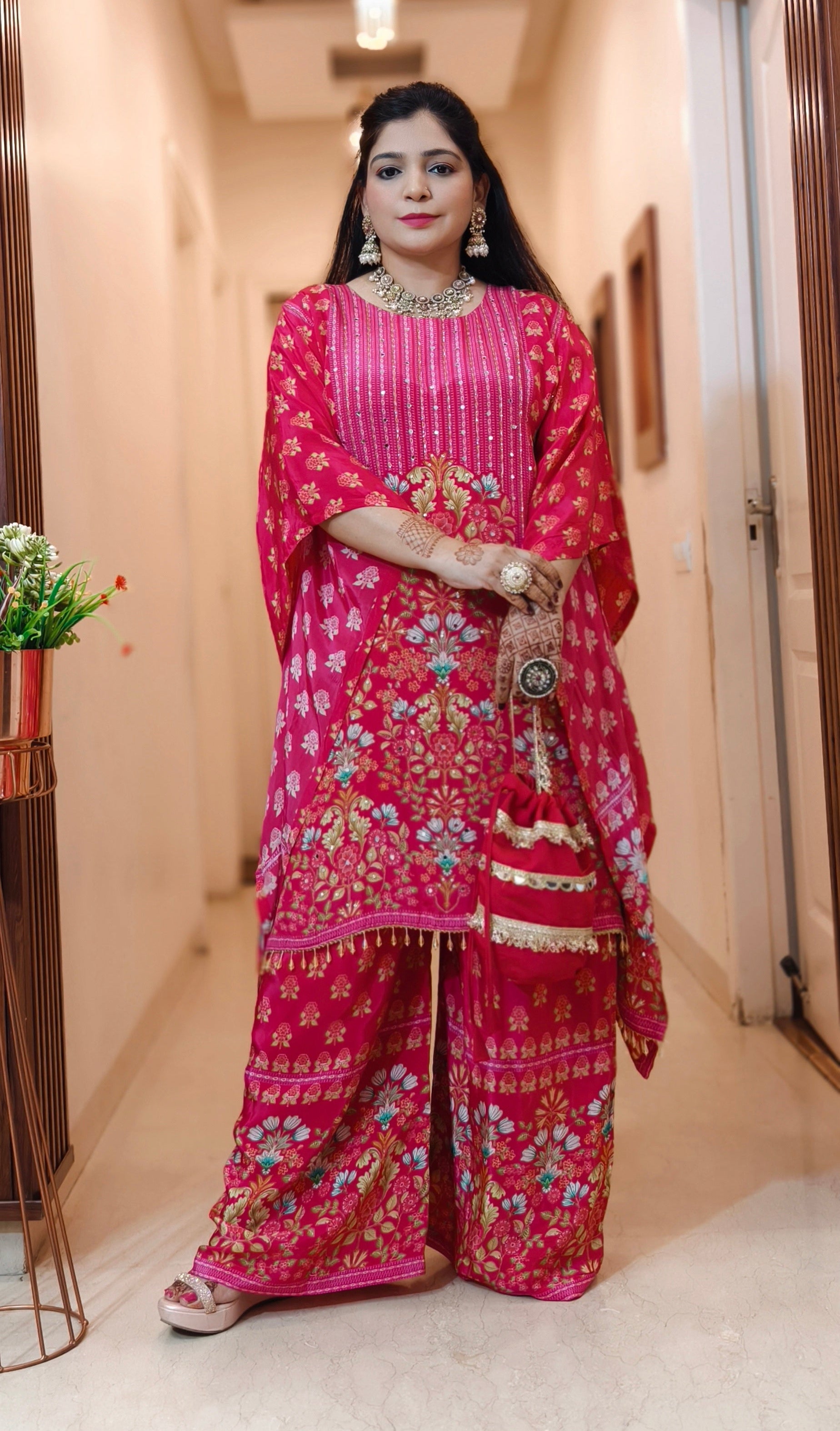 ORANGE AND PINK PREMIUM CREPE DESIGNER PARTY WEAR SHORT KAFTAN WITH FULL HANDWORK AND SARARA WITH POTLI