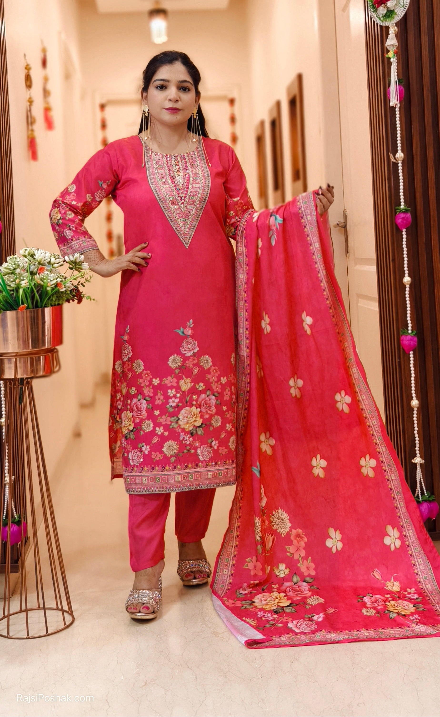 PINK AND YELLOW POLY CREPE SUIT WITH PANT AND DUPATTA