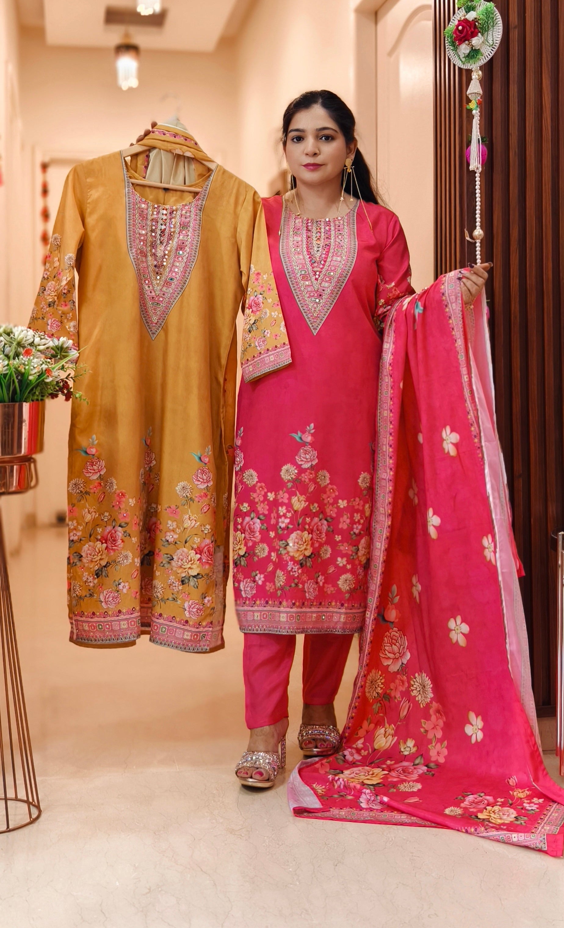PINK AND YELLOW POLY CREPE SUIT WITH PANT AND DUPATTA