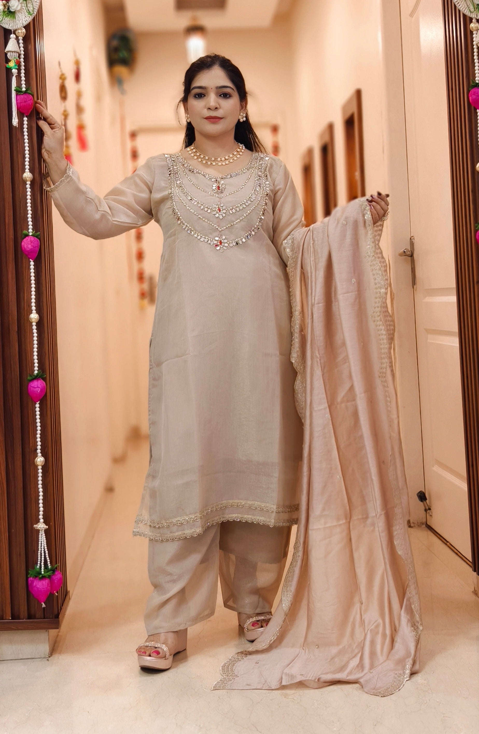 IVORY AND PINK TISSUE SUIT WITH DISIGNER PANT AND DUPATTA