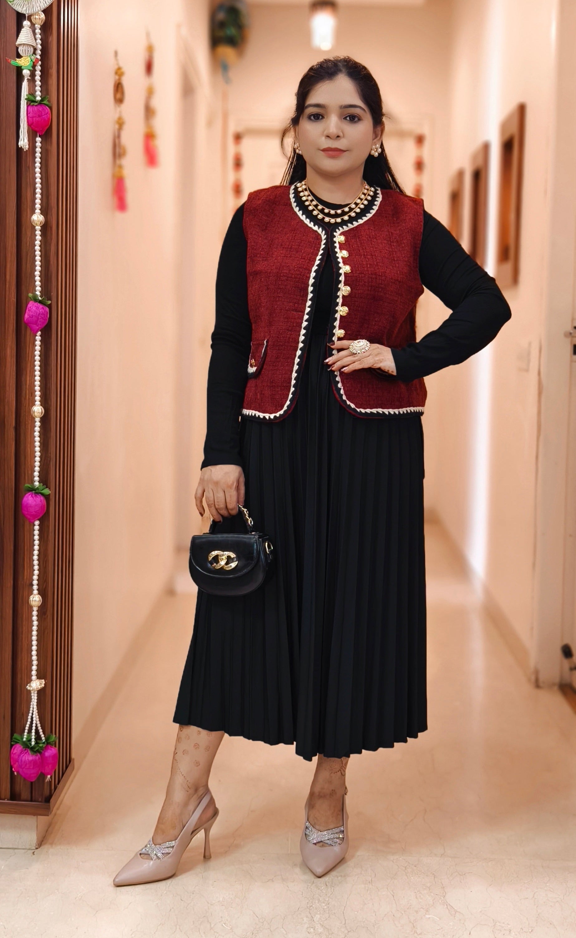 BROWN AND MAROON WRINKLE FABRIC DRESS WITH JACKET