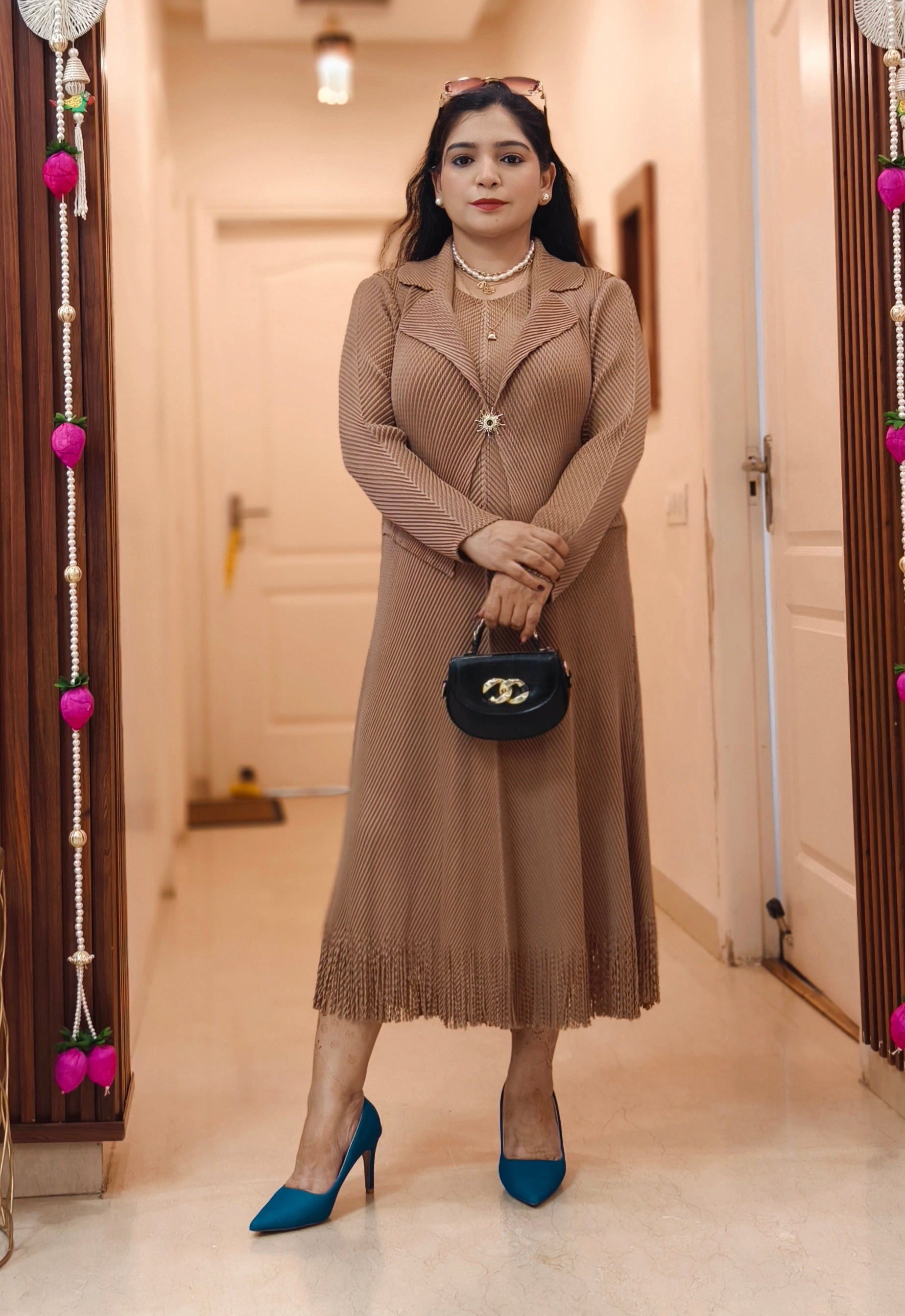 BROWN AND ORANGE WRINKLE FABRIC DRESS WITH JACKET