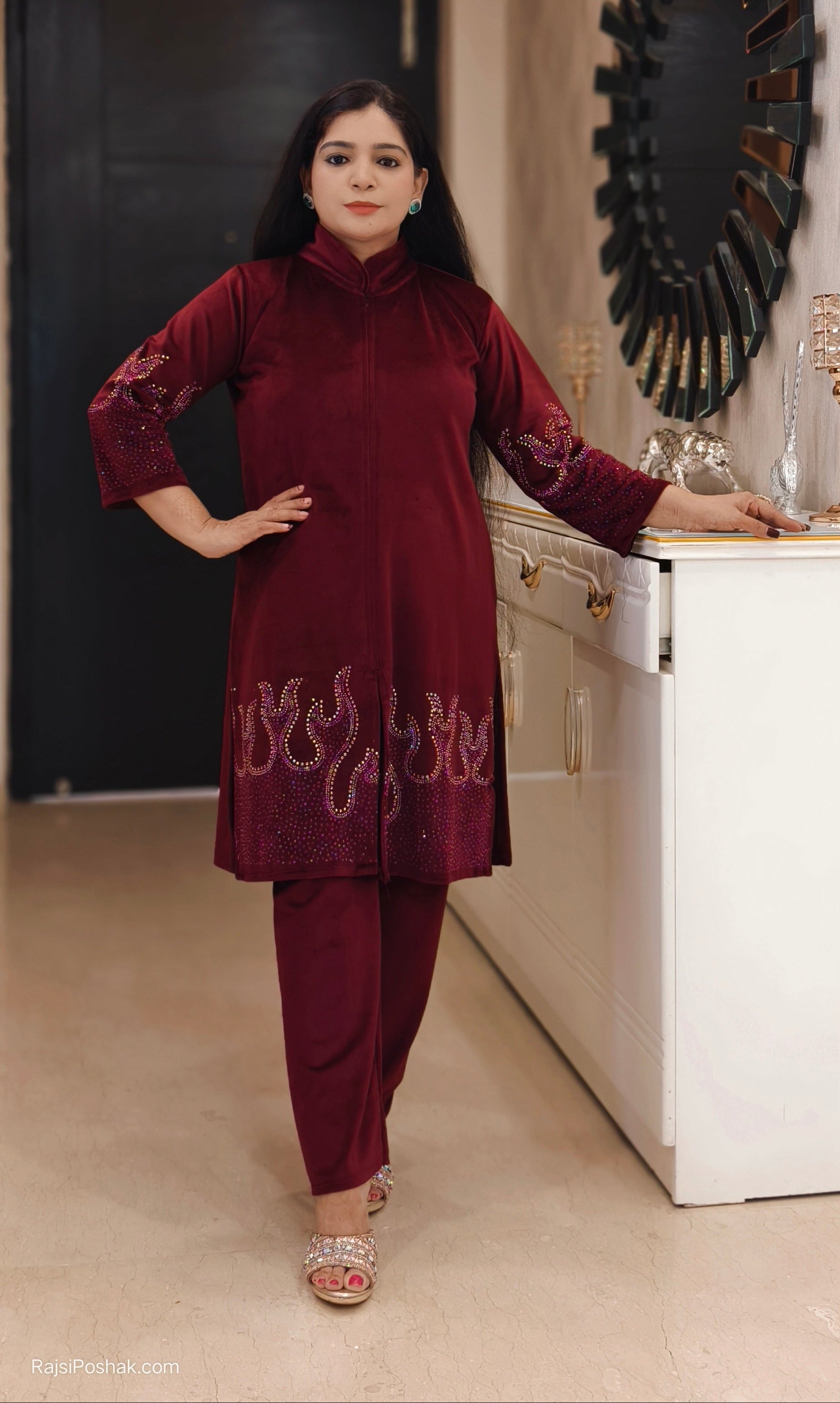 MAROON,BLUE AND GREEN STYLISH VELVET COORD SET WITH SIROSKI WORK