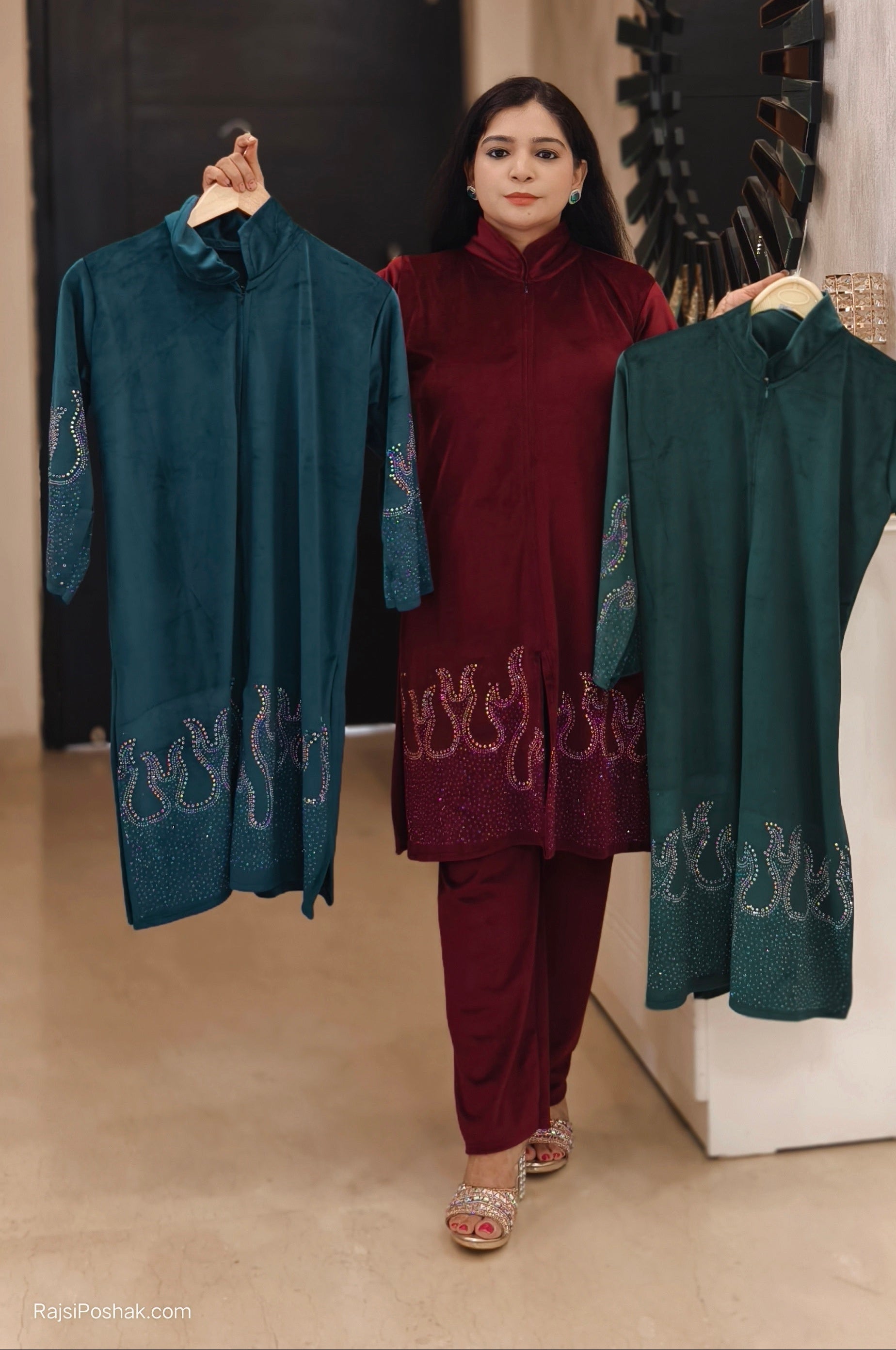 MAROON,BLUE AND GREEN STYLISH VELVET COORD SET WITH SIROSKI WORK