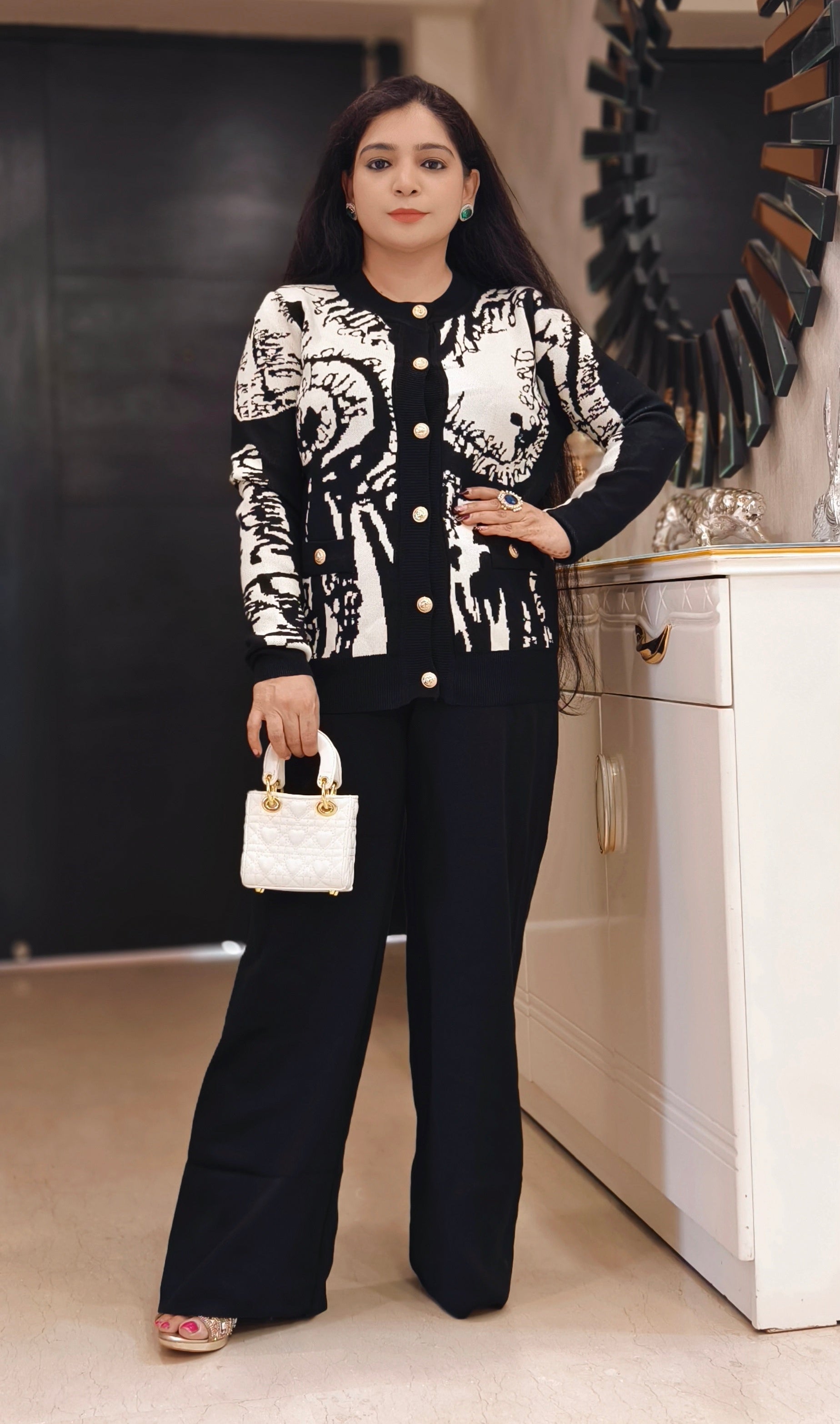 BLACK AND BROWN IMPORTED FABRIC 2-PIECE CARDIGAN COORD SET