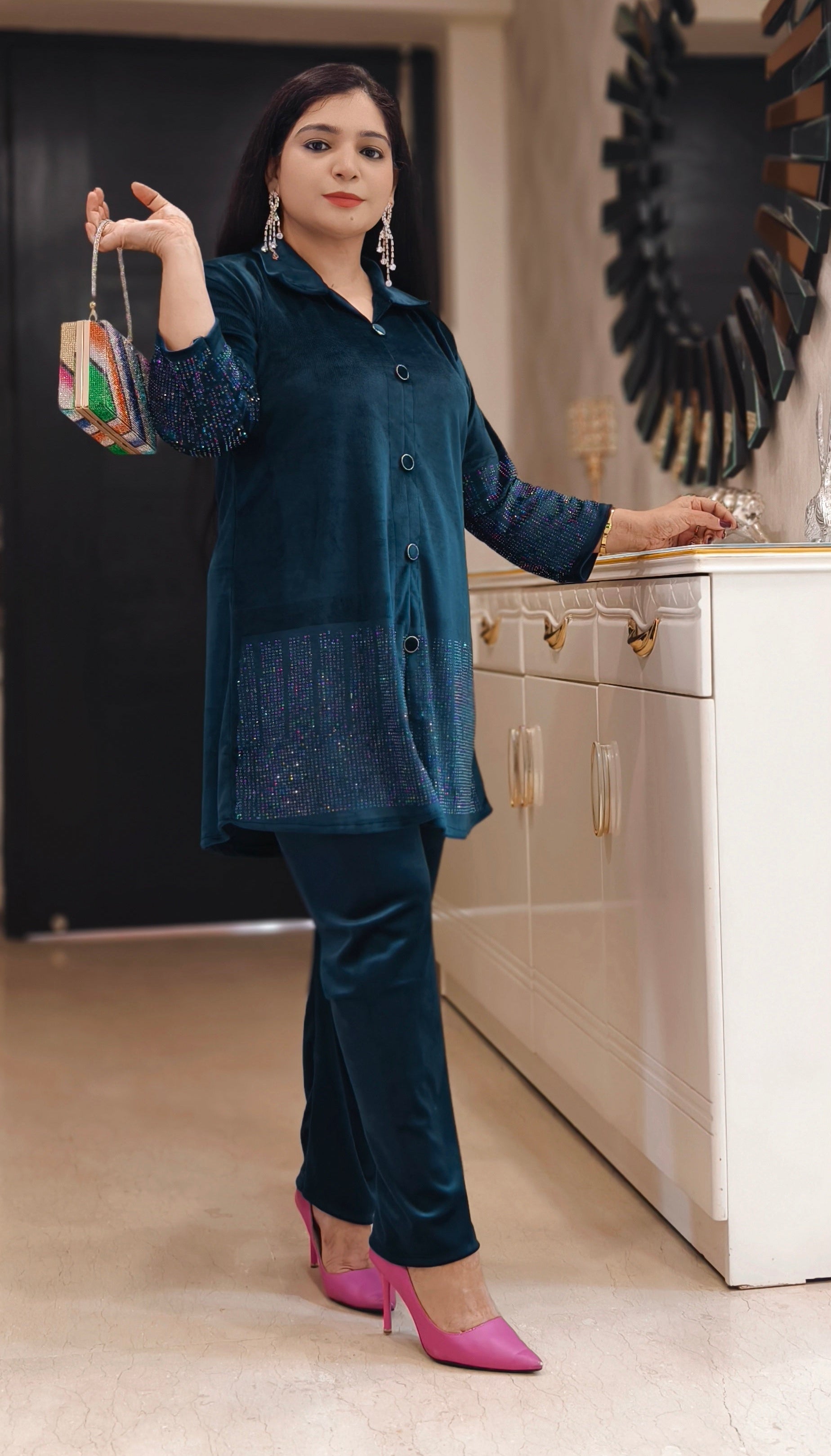 BLUE,BROWN,PURPLE AND COFFEE STYLISH VELVET COORD SET WITH SIROSKI WORK