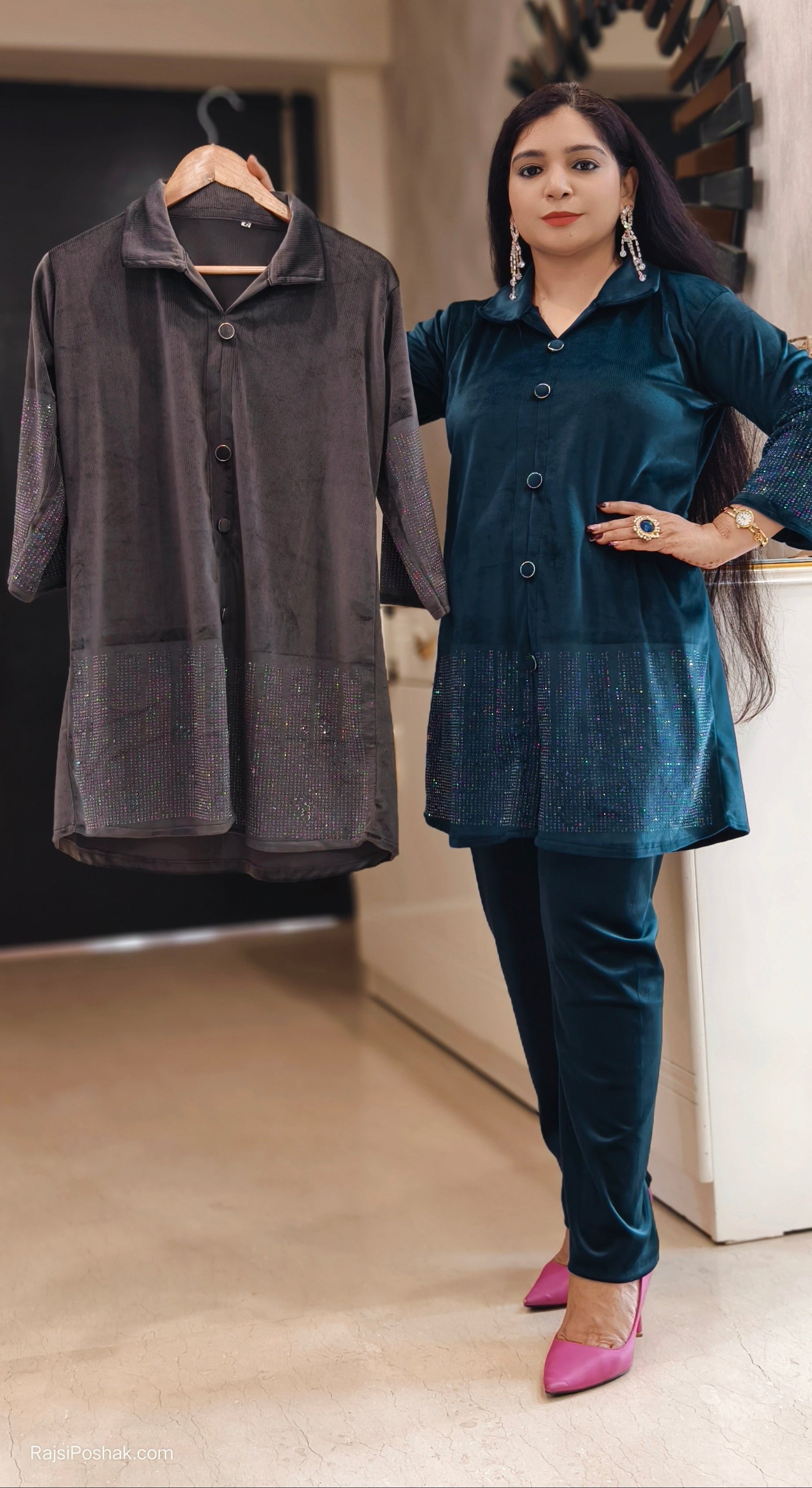 BLUE,BROWN,PURPLE AND COFFEE STYLISH VELVET COORD SET WITH SIROSKI WORK