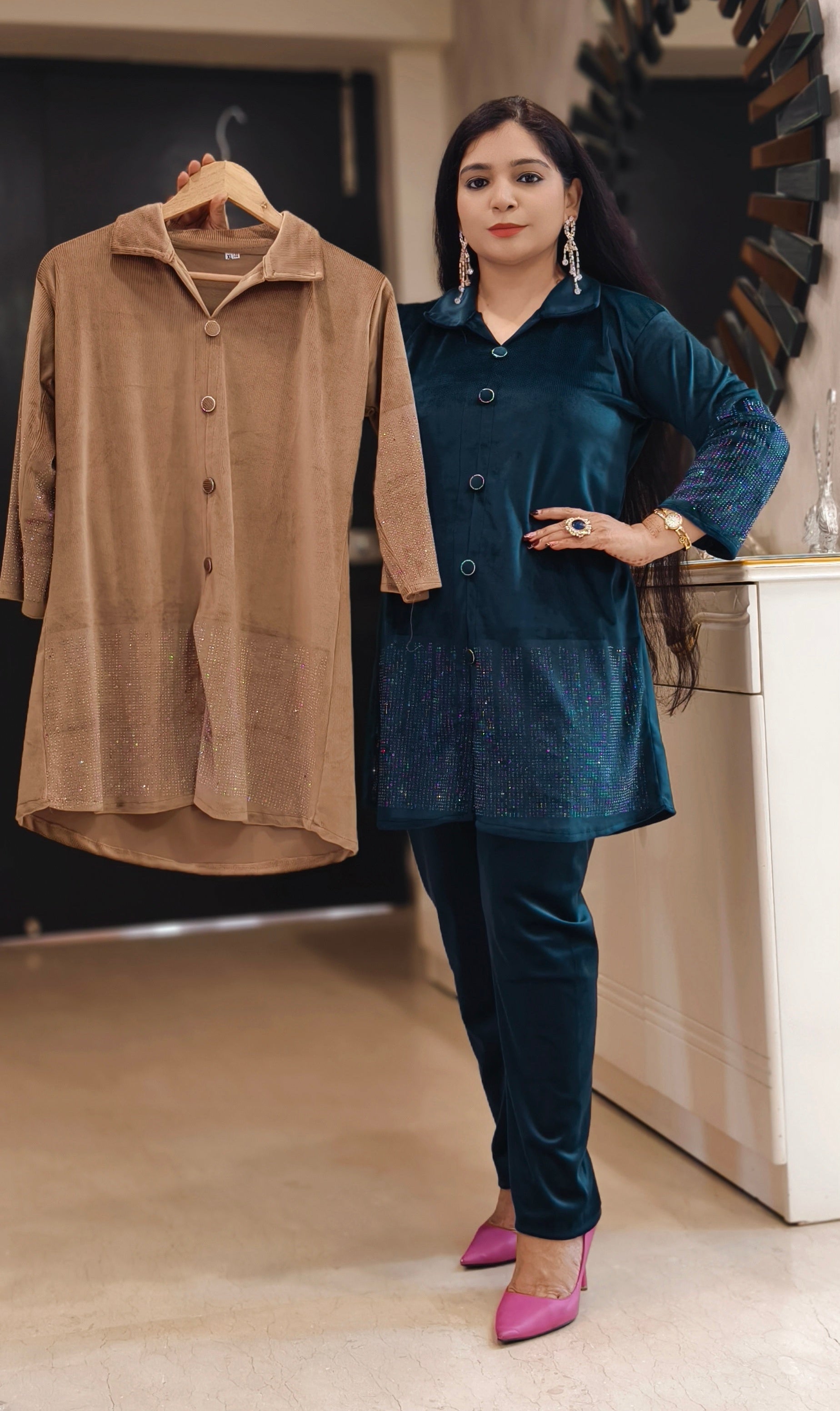 BLUE,BROWN,PURPLE AND COFFEE STYLISH VELVET COORD SET WITH SIROSKI WORK