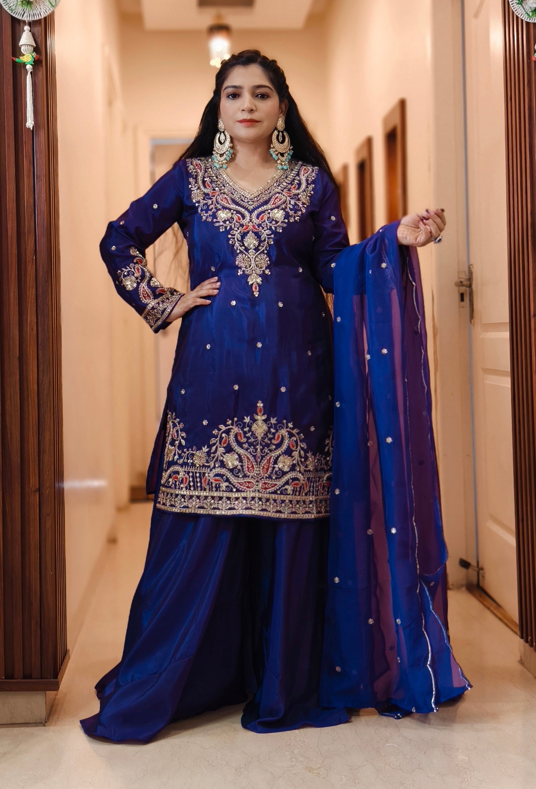 PURPLE PURE CREPE SUIT WITH FULL FLAIRED DEVIDER WITH DUPATTA