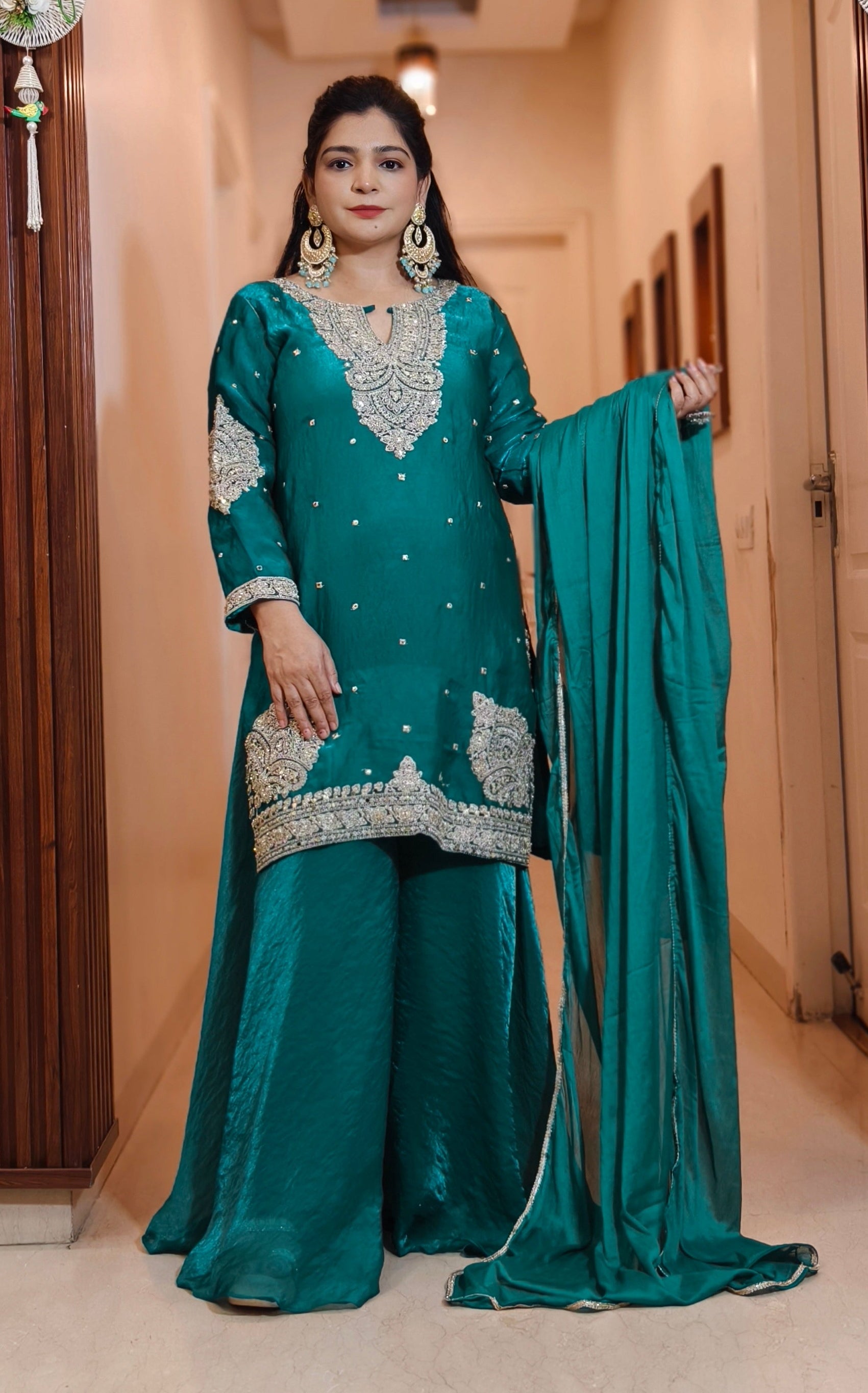 FIROZI AND RED SHARARA SUIT WITH ZARI AND SEQUENCE WORK AND FULL LINING WITH POTLI