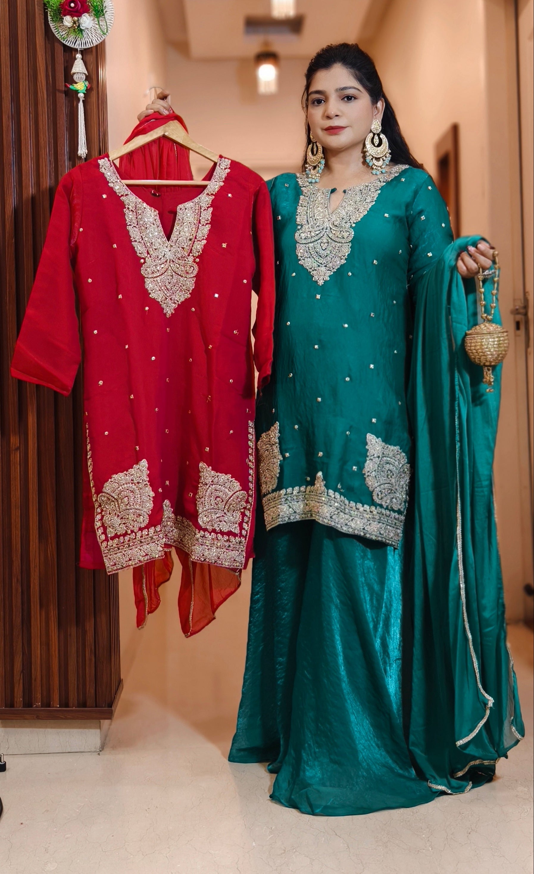 FIROZI AND RED SHARARA SUIT WITH ZARI AND SEQUENCE WORK AND FULL LINING WITH POTLI