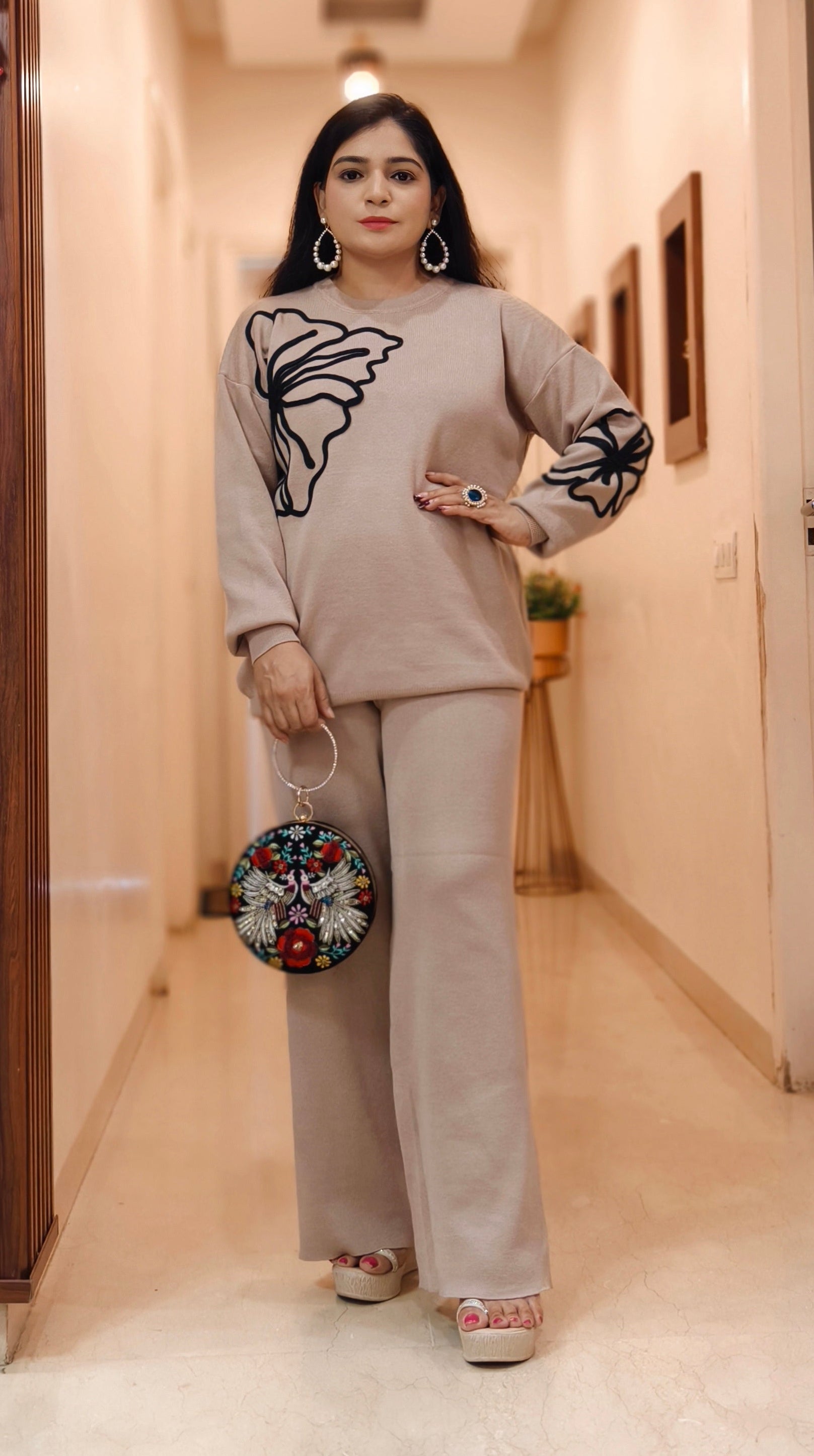 BROWN AND BLACK IMPORTED FABRIC 2-PIECE COORD SET