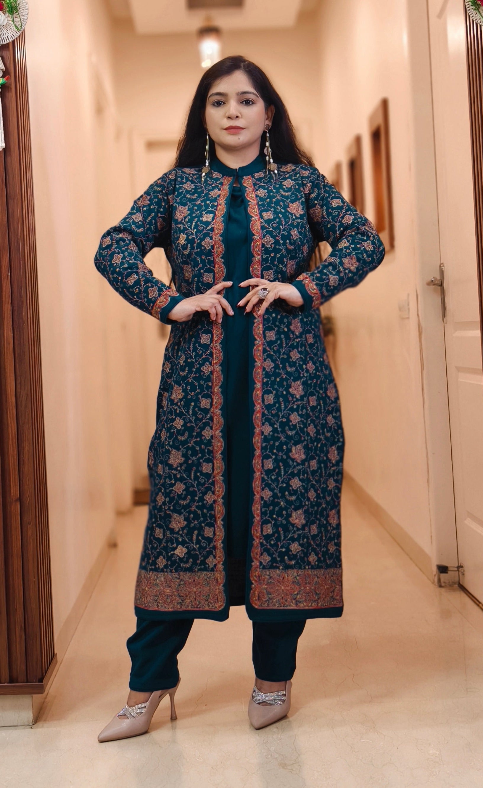 BLUE,BLACK AND RUST WOOLEN ELEGANT THREE-PIECE COORDINATED SET WITH JACKET