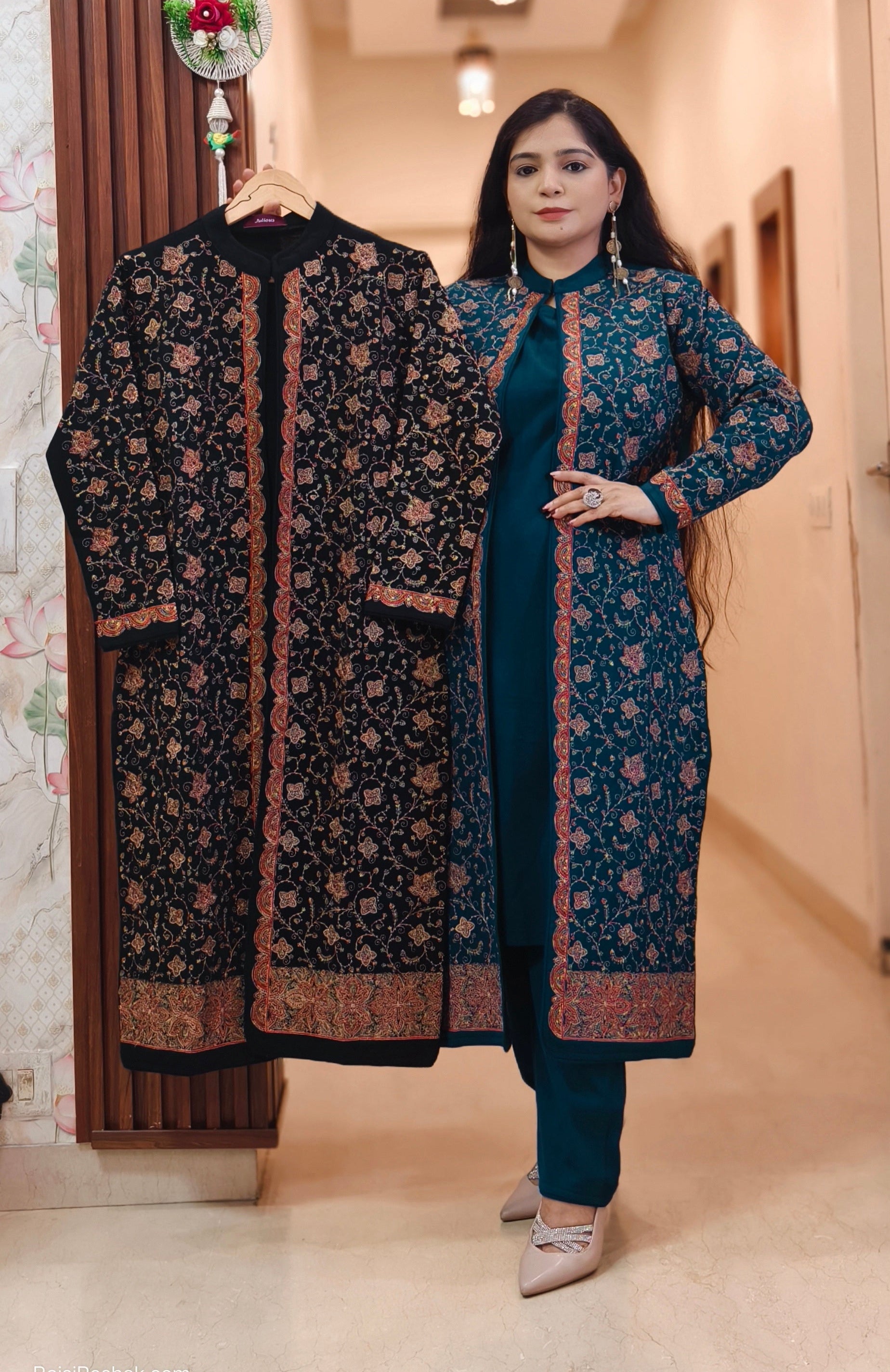 BLUE,BLACK AND RUST WOOLEN ELEGANT THREE-PIECE COORDINATED SET WITH JACKET