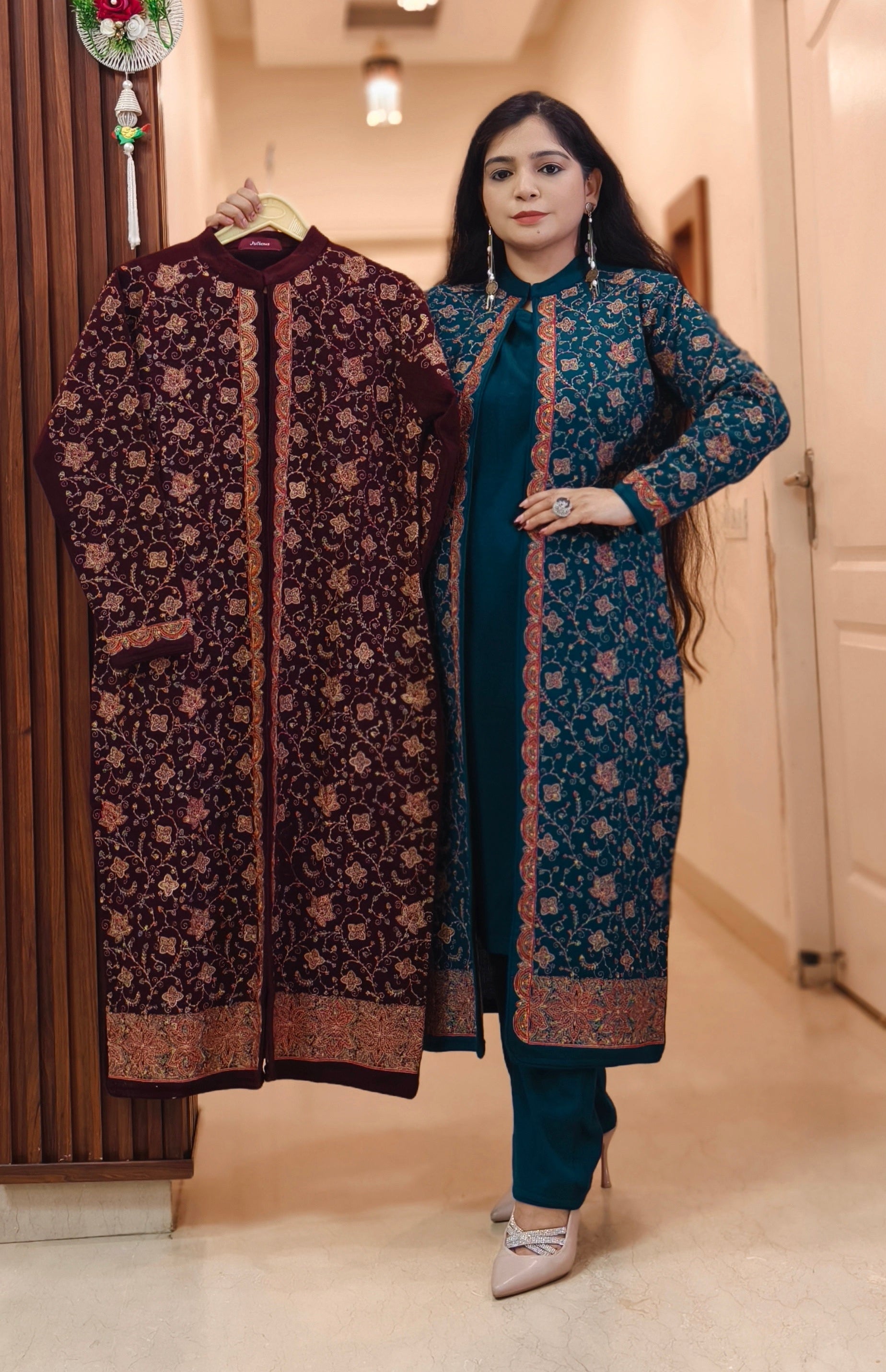 BLUE,BLACK AND RUST WOOLEN ELEGANT THREE-PIECE COORDINATED SET WITH JACKET