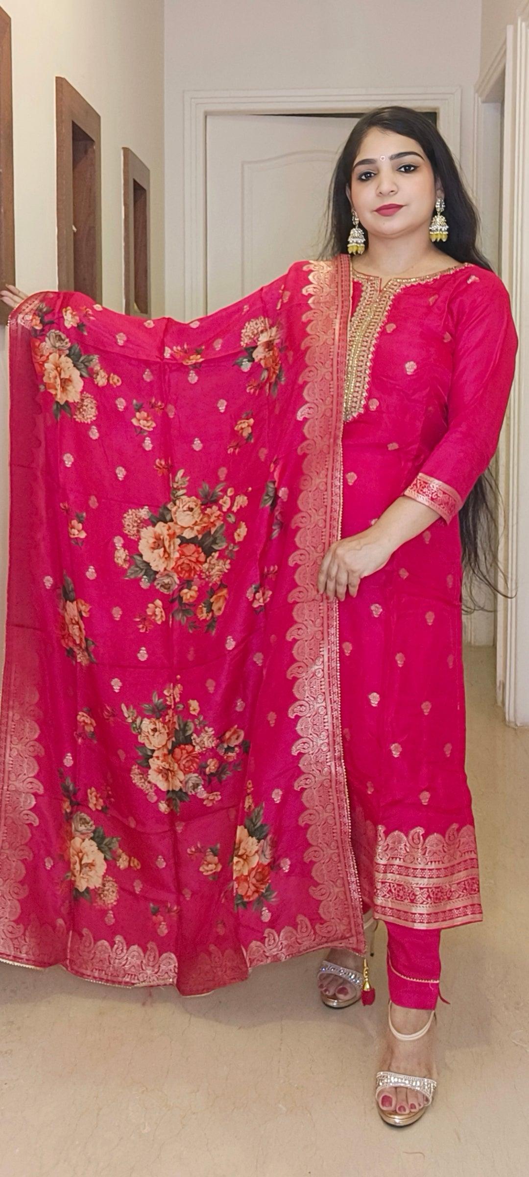 PINK FLORAL DUPATTA SILK SUIT - RajsiPoshak