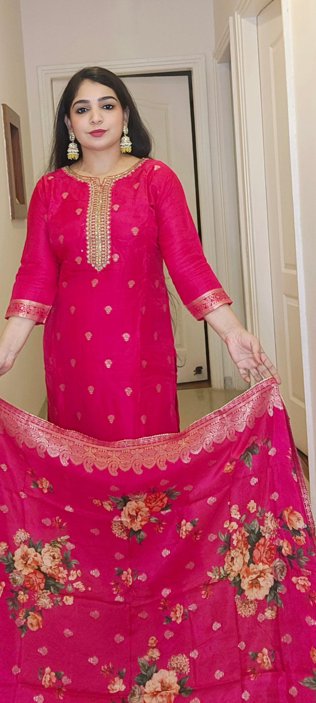 PINK FLORAL DUPATTA SILK SUIT - RajsiPoshak