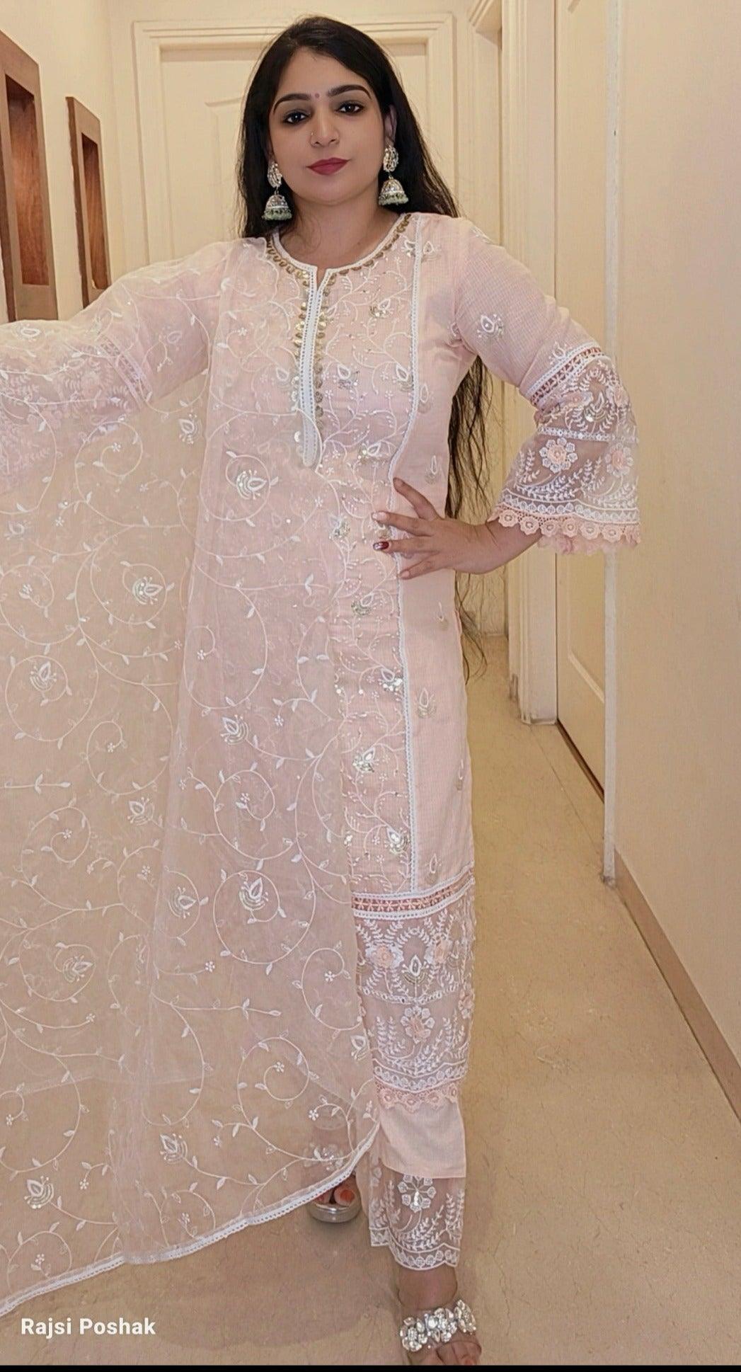 PEACH EMBROIDERED COTTON STRAIGHT SUIT - RajsiPoshak