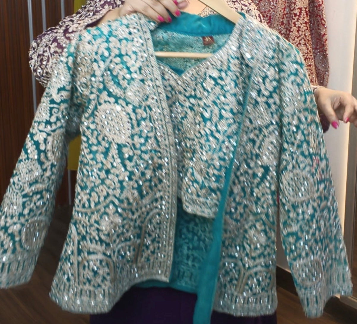 PEPLUM TOP AND PALAZZO SUIT SET WITH SEQUINS AND ZARI WORK IN FOUR COLORS
