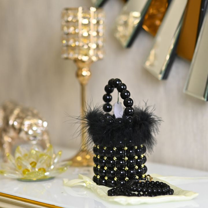 BEADED FAUX FEATHER BUCKET BAG - RajsiPoshak