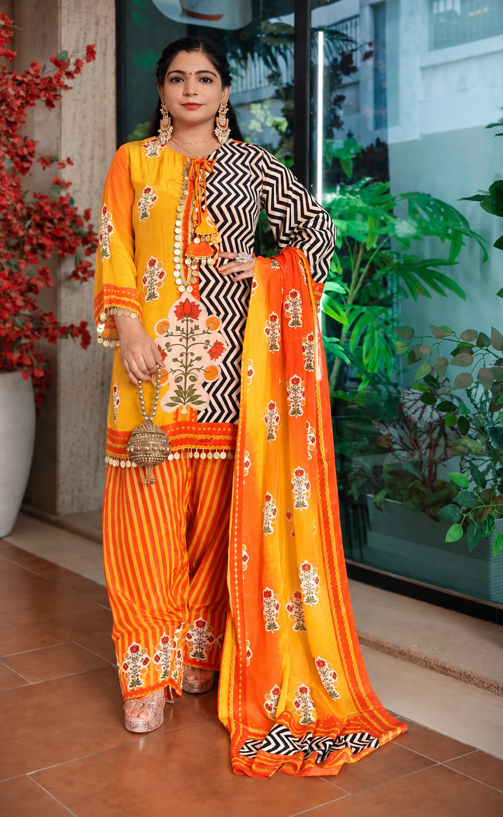Premium Pink and Orange Printed Crepe Suit With Farshi Salwar ✨💗🖤