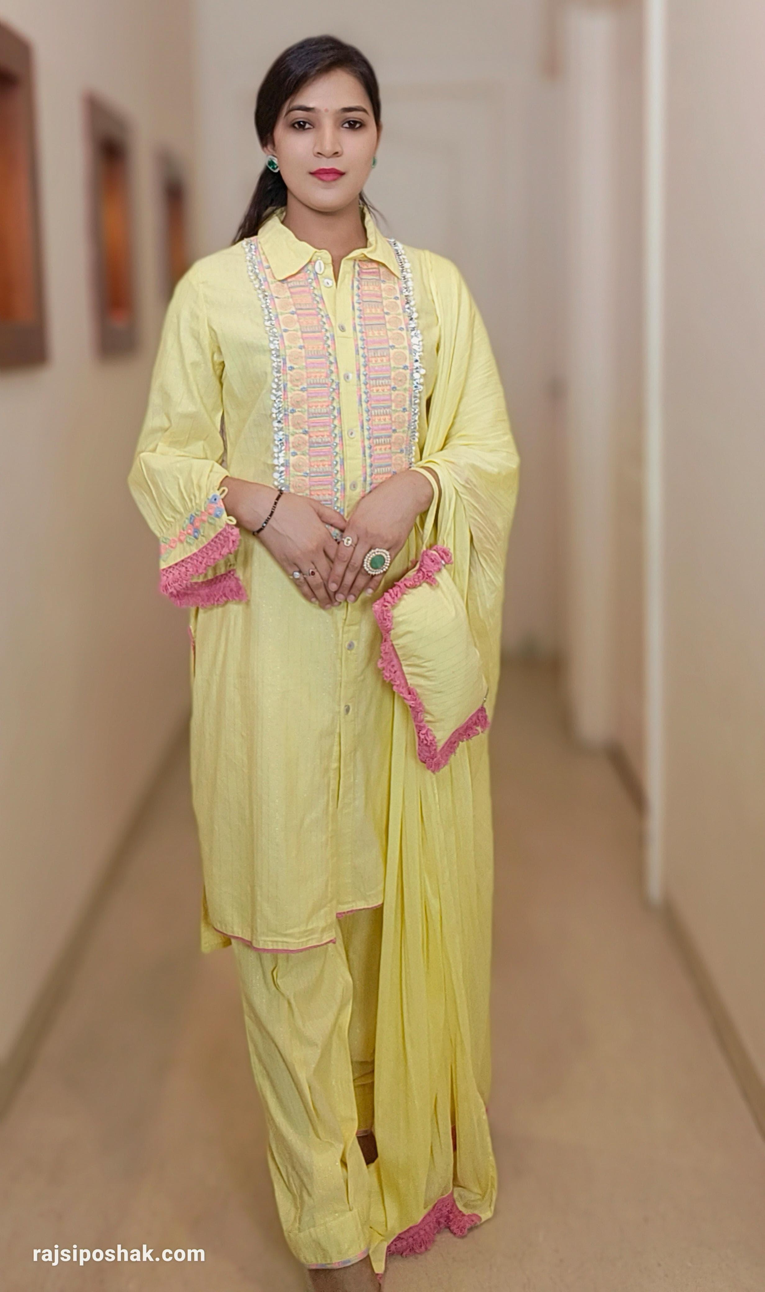 YELLOW COTTON COORDSET CUM 4 PC SUIT - RajsiPoshak