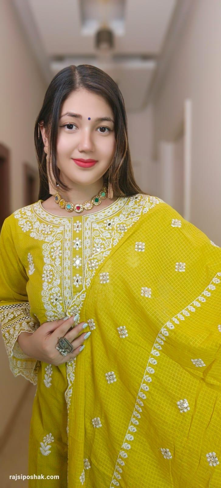 Yellow pure Cotton Embroidered suit with cotton lining with plazo Bottom - RajsiPoshak