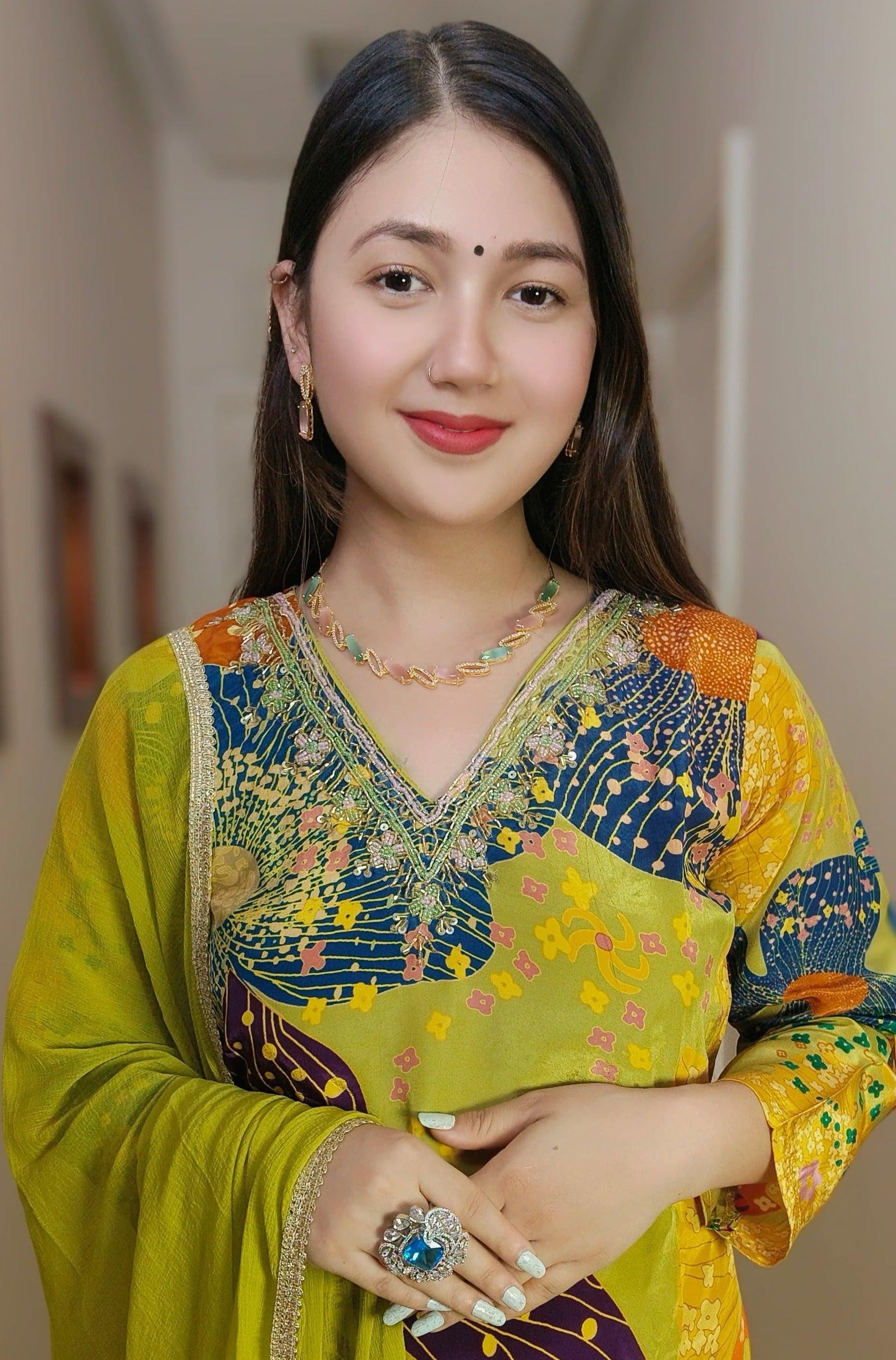 MEHANDI CREP SUIT WITH SCHIFFON DUPATTA - RajsiPoshak