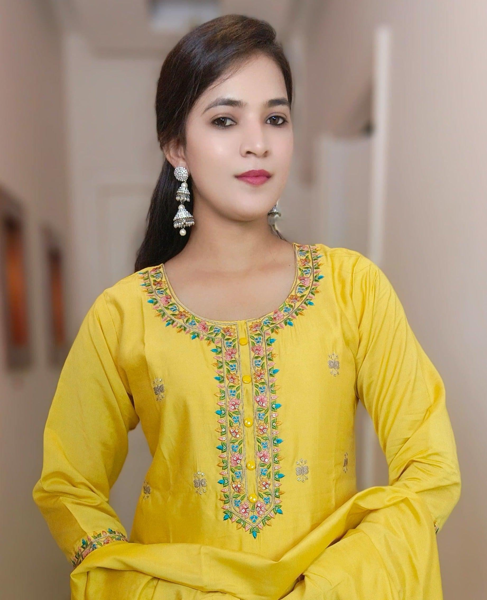 YELLOW SILK EMBROIDERED SUIT 7602 - RajsiPoshak