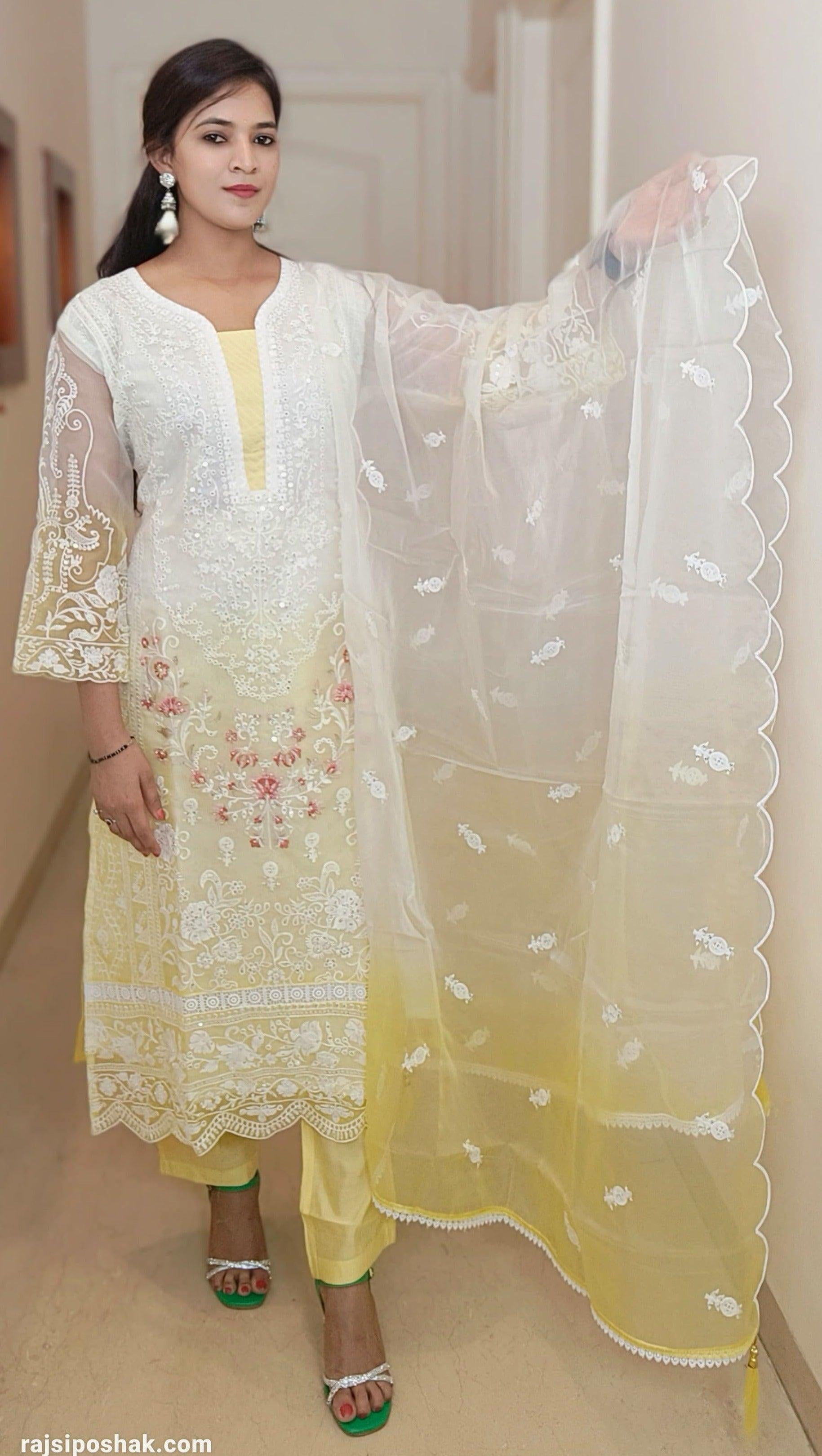 WHITE/YELLOW ORGANJA PAKISTANI SUIT 7604 - RajsiPoshak