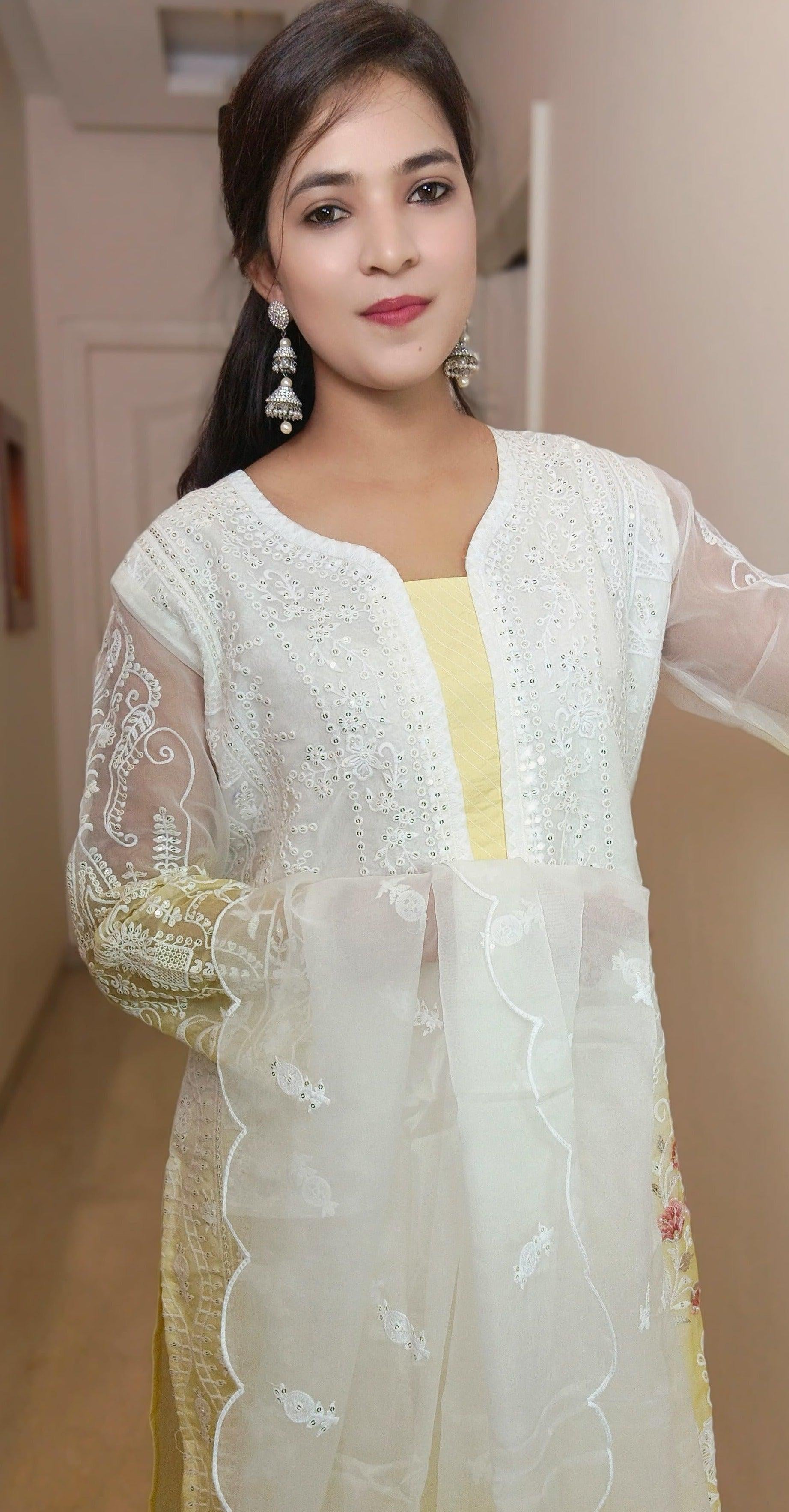 WHITE/YELLOW ORGANJA PAKISTANI SUIT 7604 - RajsiPoshak