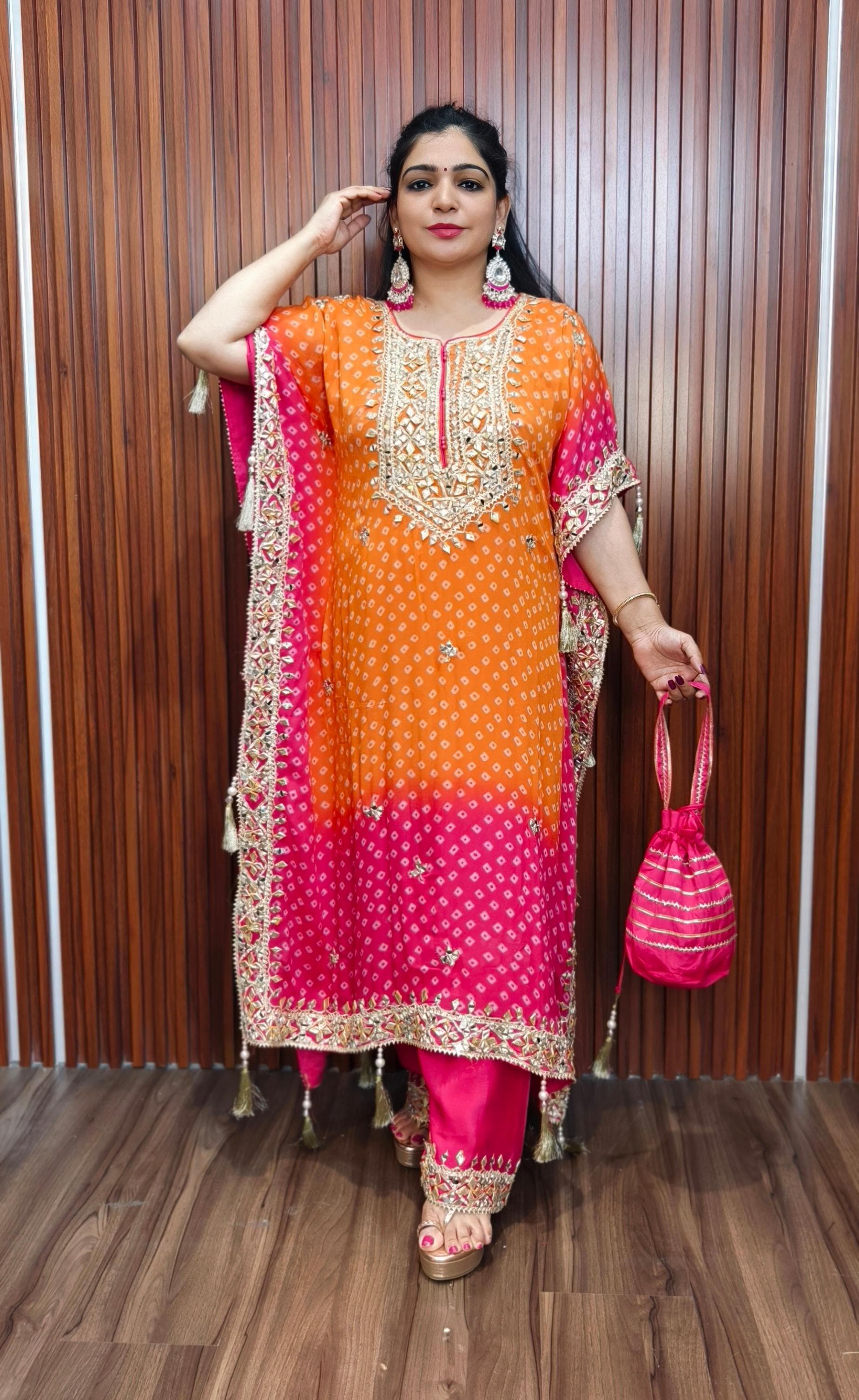 PREMIUM IMPORTED PURE CREP KAFTAN IN ORANGE & RANI