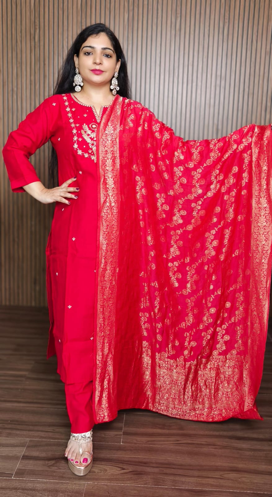 RED PREMIUM SILK 3 PC STRAIGHT SUIT WITH  BANARASI DUPATTA
