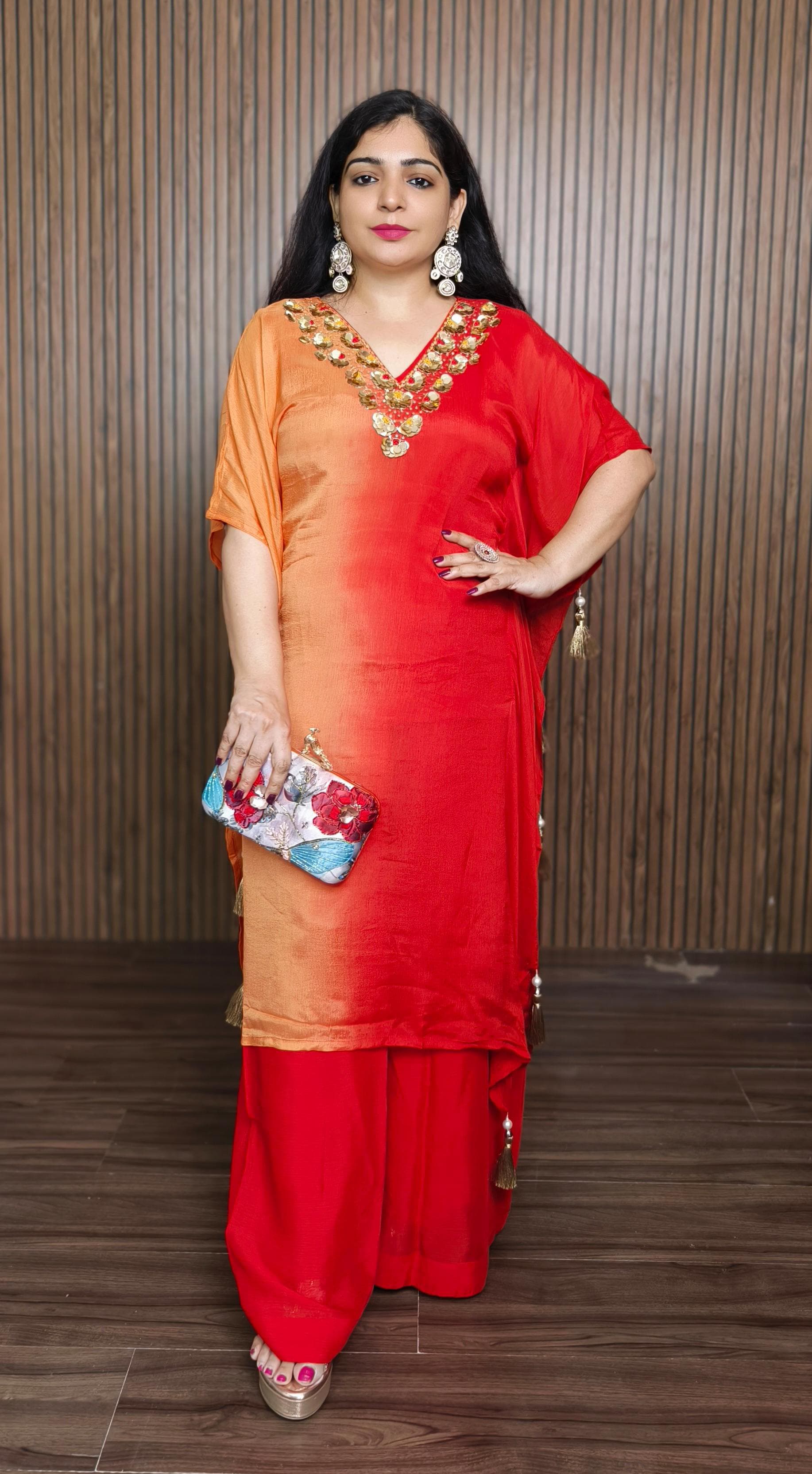 ORANGE & RED OMBREY PARTY WEAR KAFTAN WITH PALAZZO