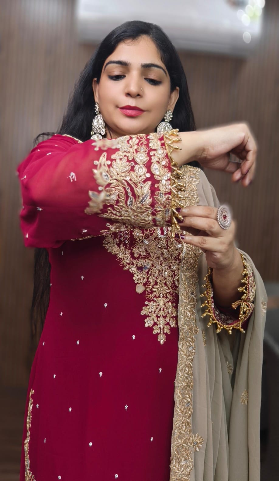 WINE GEORGETTE WITH SHARARA SUIT AND HEAVY DUPATTA