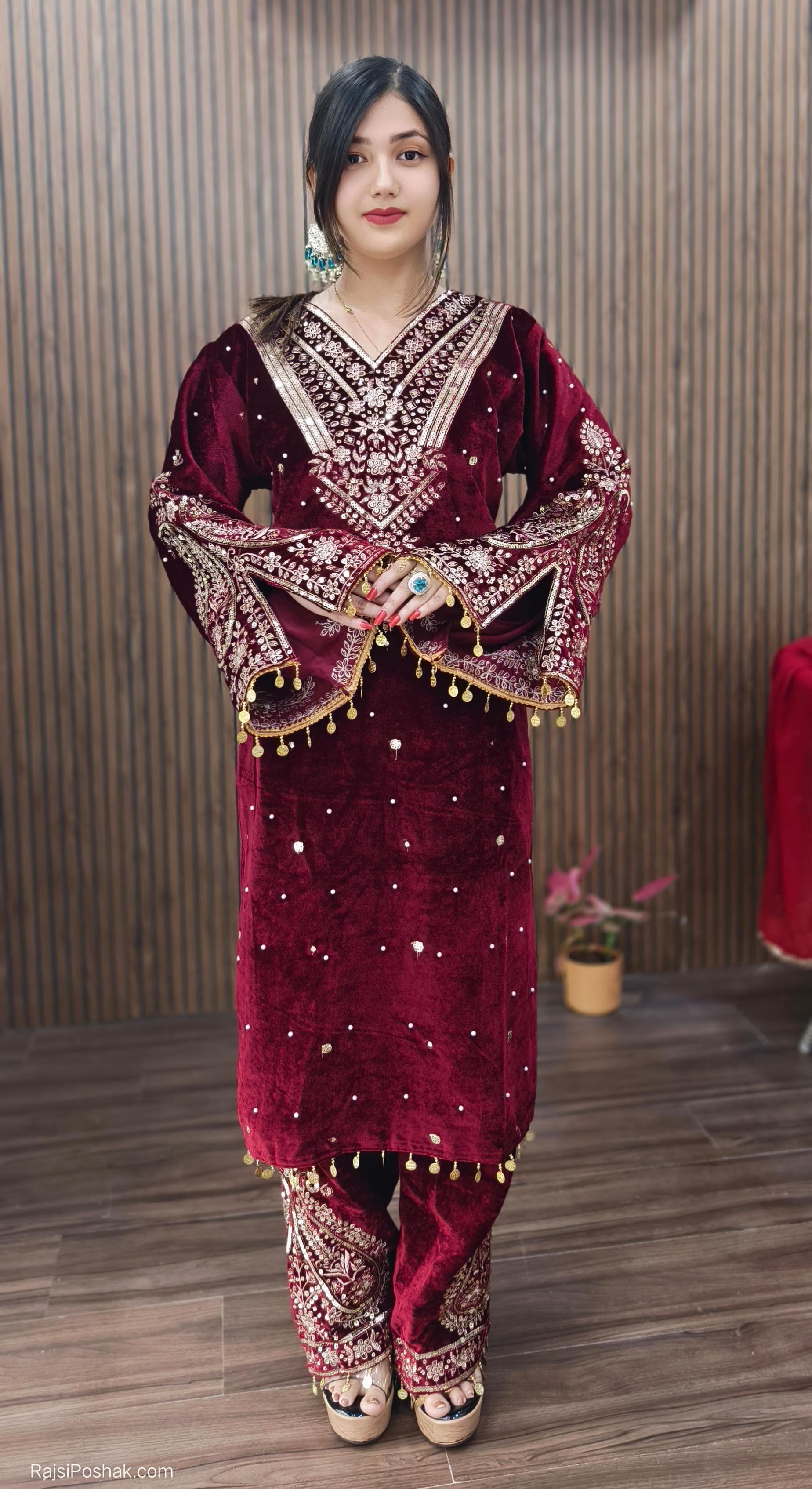 LUXURIOUS MAROON HEAVY PURE VISCOSE VELVET EMBROIDERED SHARARA