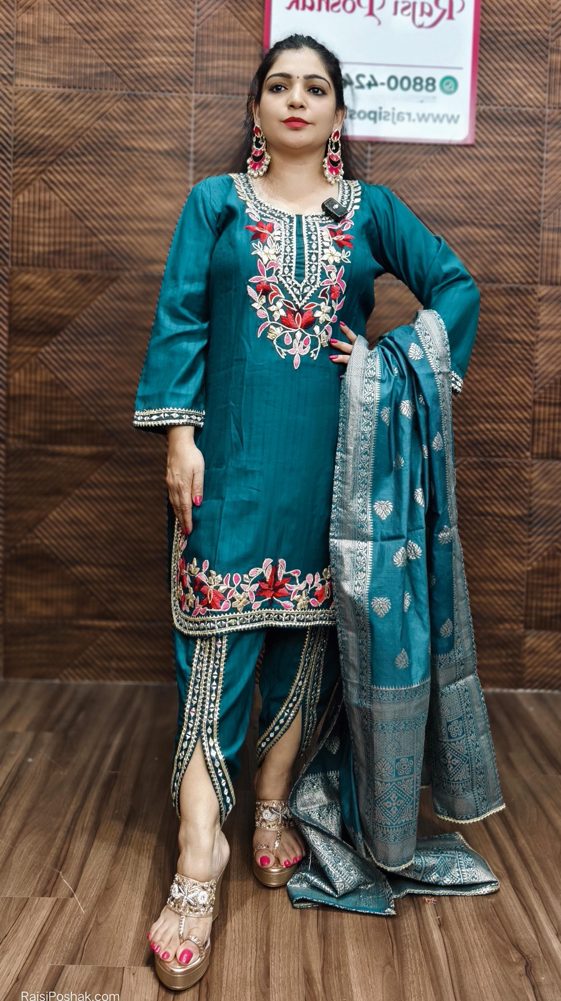 BLUE MUSLIN WITH GOTAPATTI TULIP PANTS