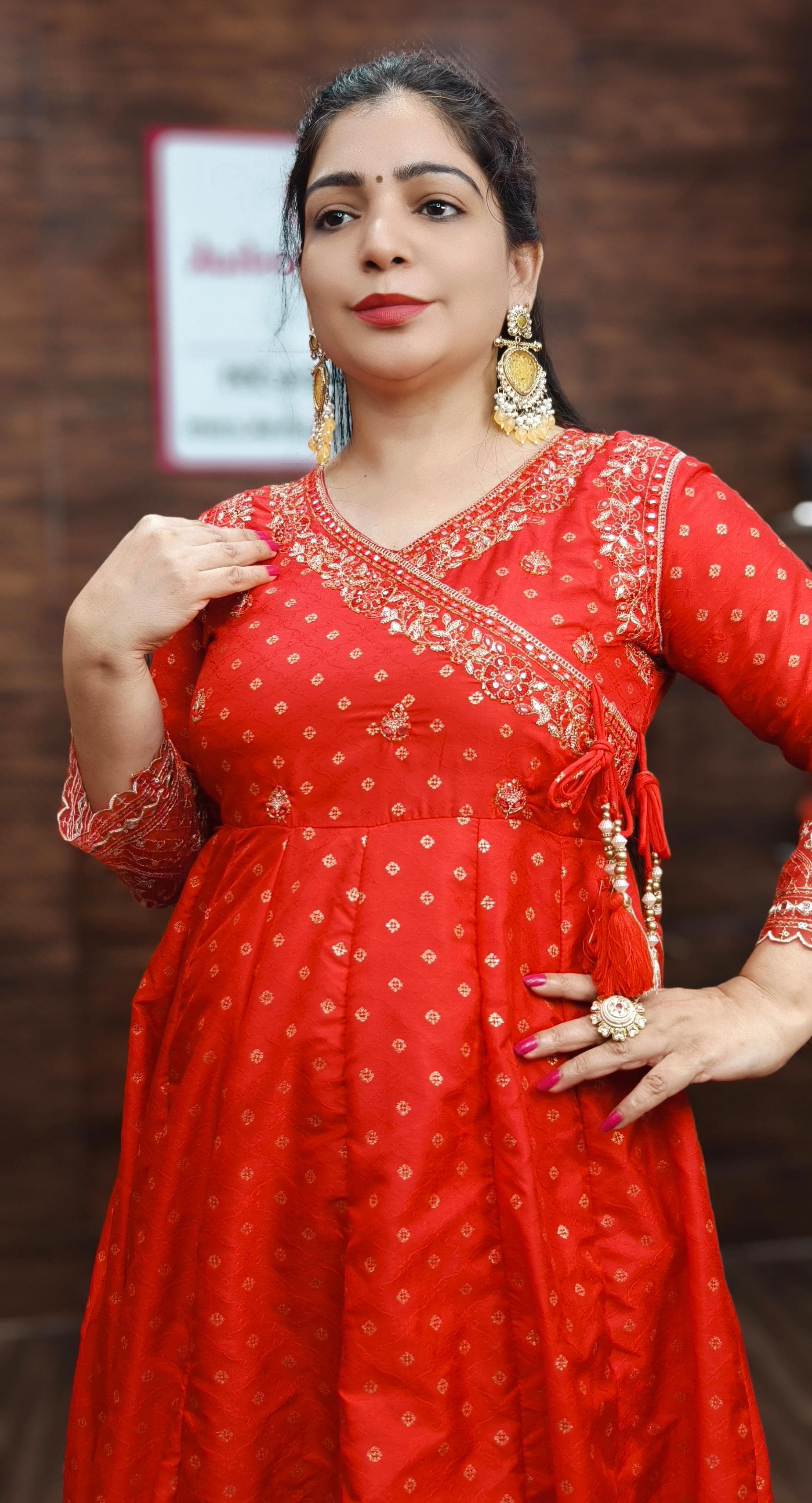 RED SILK ANARKALI WITH  BANARSHI DUPATTA