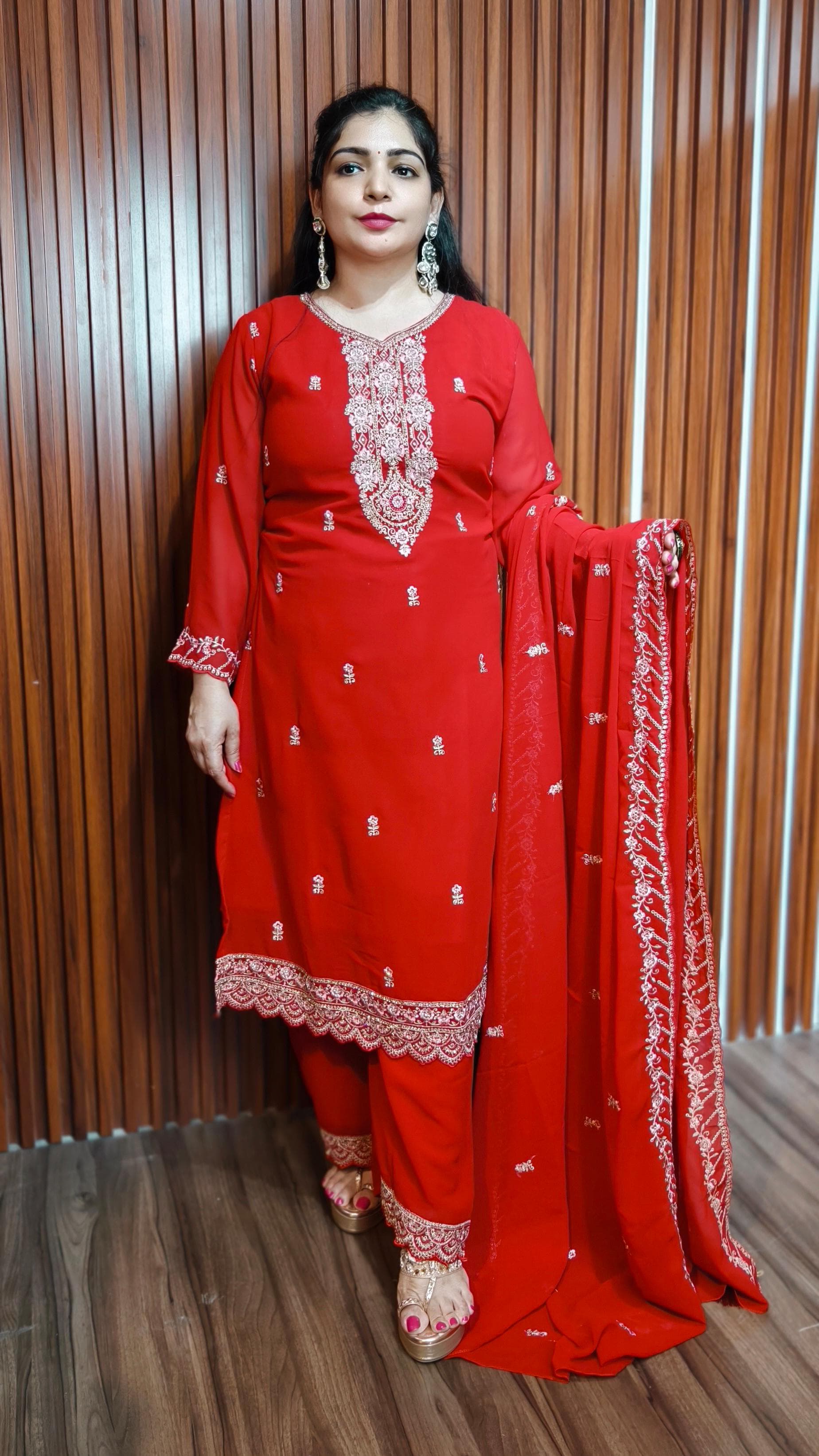 RED PREMIUM GEORGETTE 3 PC STRAIGHT SUIT WITH  BANARASI DUPATTA