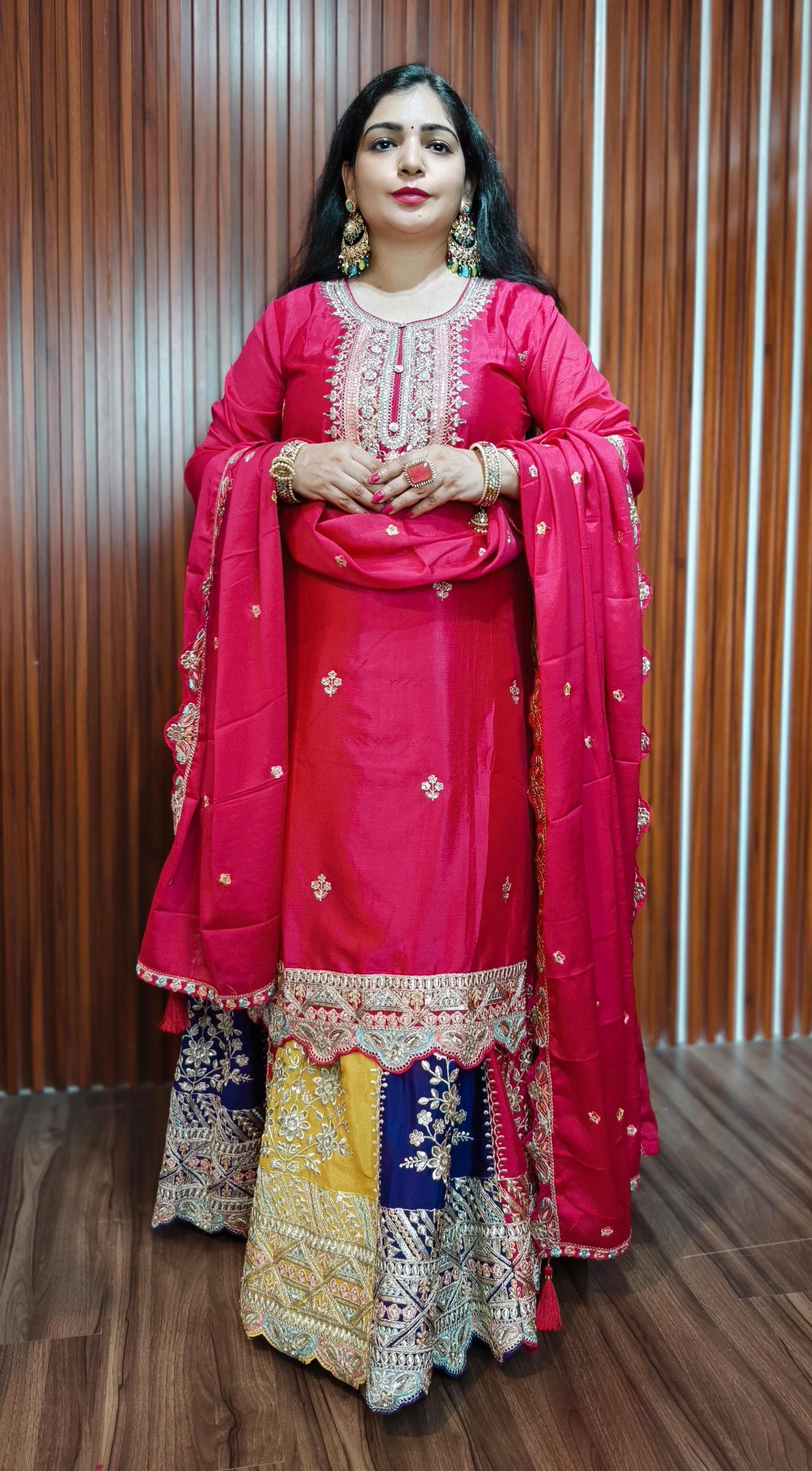 RED PREMIUM CHINON SILK KURTI WITH FLARED SKIRT ANDHEAVY DUPATTA