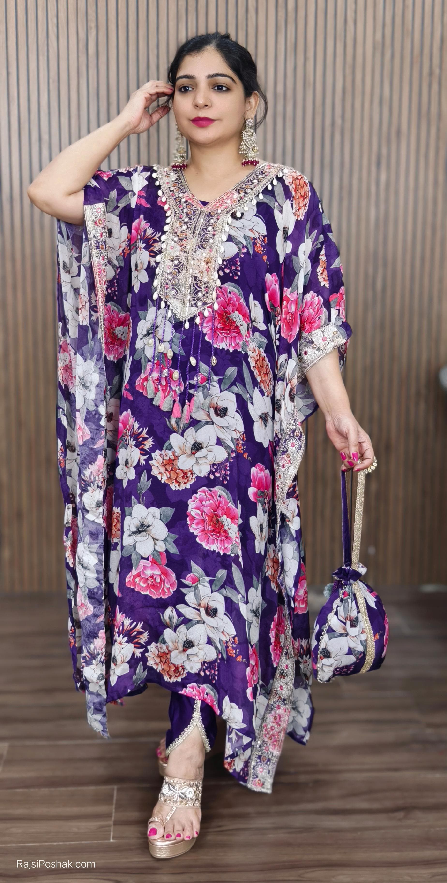 PURPLE CHINON FLORAL PRINT PARTY  WEAR KAFTAN WITH  TULIP