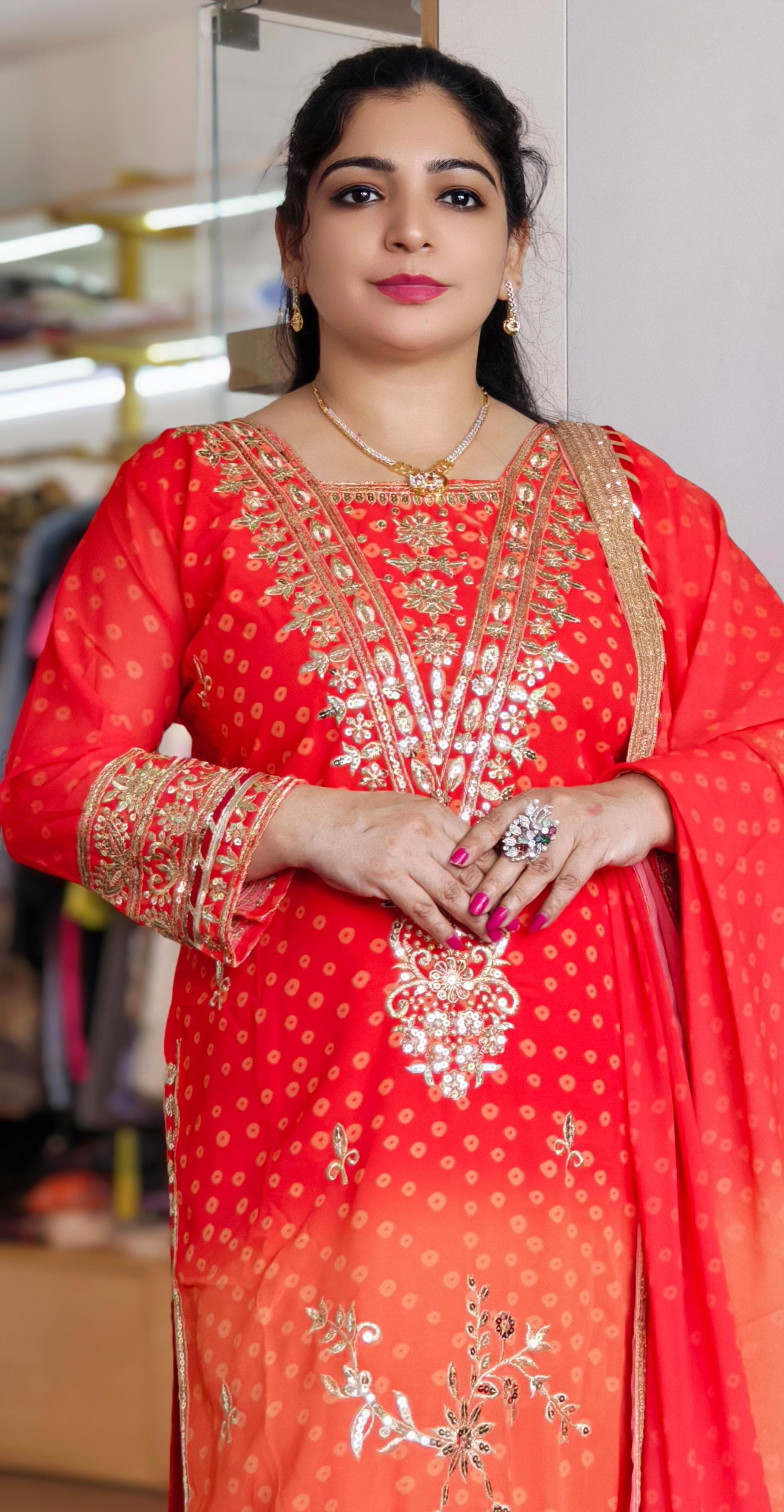 PREMIUM ORANGE  AND PURPLE PURE GEORGETTE SUIT WITH HEAVY DUPATTA AND FULL LINING