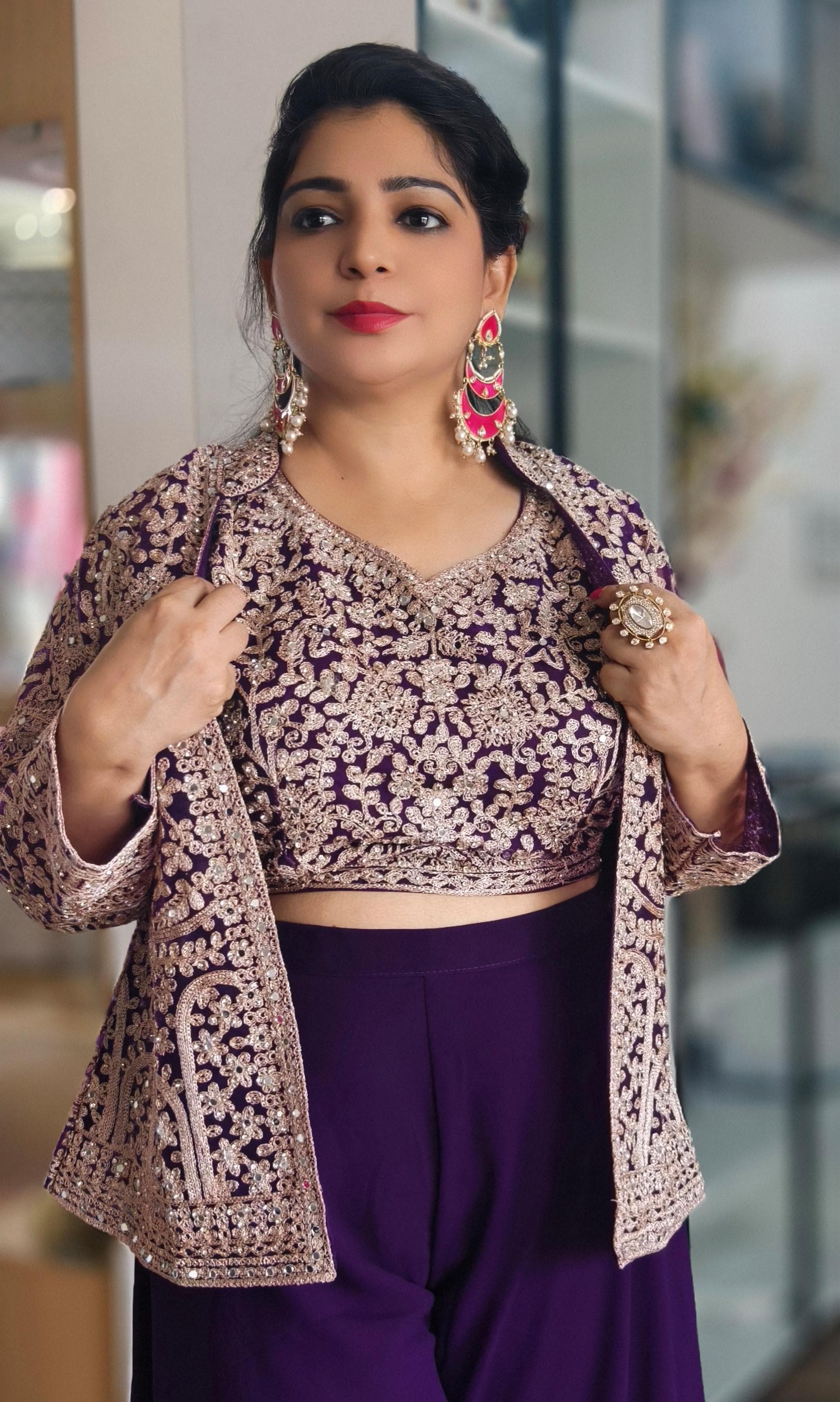 PEPLUM TOP AND PALAZZO SUIT SET WITH SEQUINS AND ZARI WORK IN FOUR COLORS