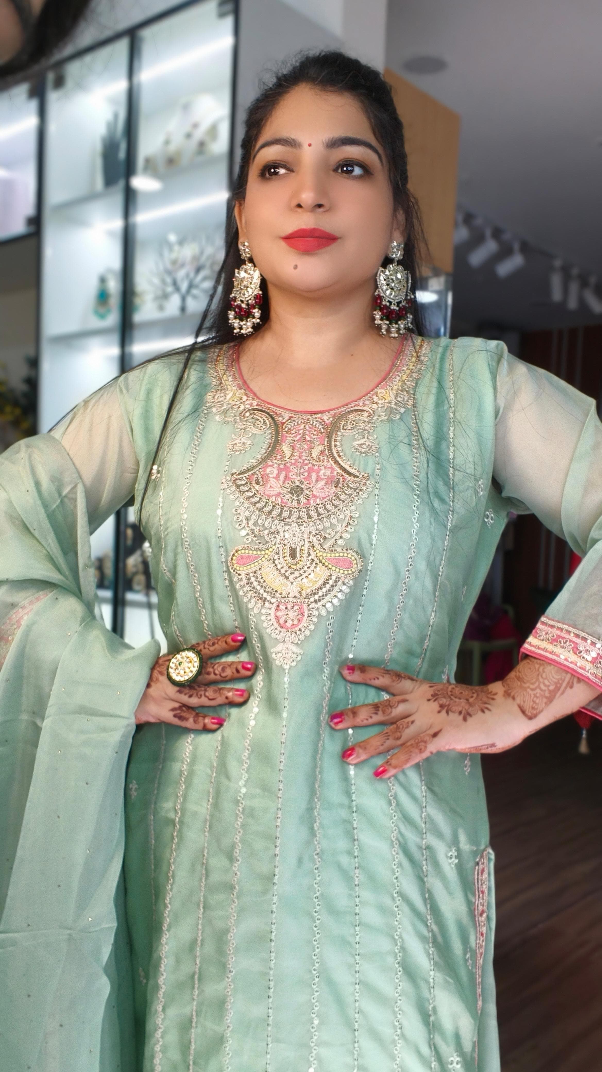 ELEGANT PASTEL GREEN AND BABY PINK SHARARA SET IN LUXURIOUS CHINON FOR FESTIVE OCCASIONS