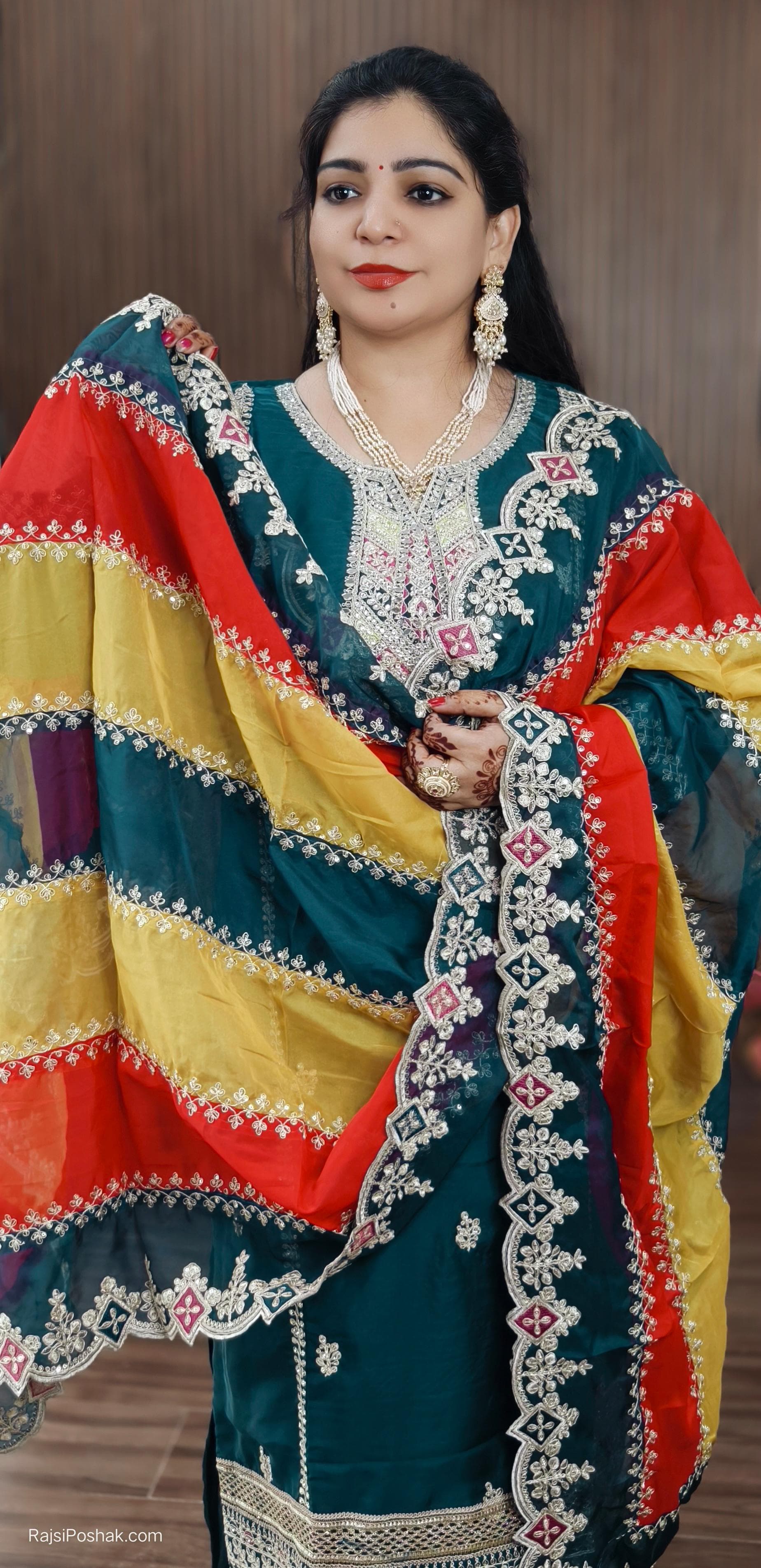 PEACOCK BLUE ORGANZA FABRIC SUIT WITH MULTICOLOUR DUPATTA