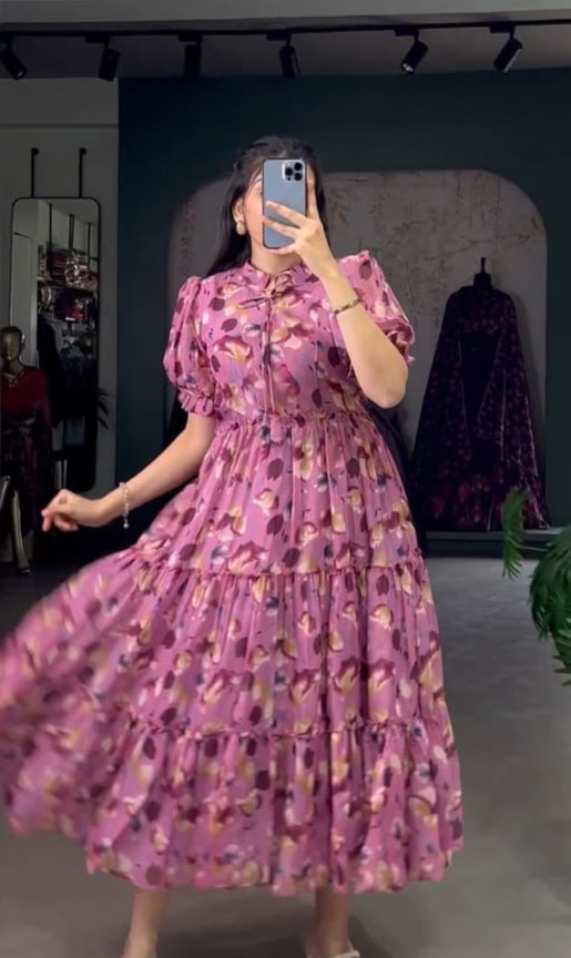 PINK,BLUE & PURPLE MULTICOLOUR CHIFFON FLAIRED DRESS