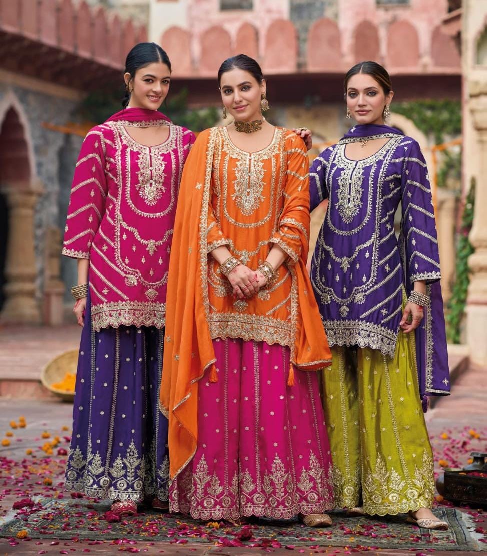 BLUE,ORANGE & PINK PREMIUM CHINON EMBRORAIRED SHARARA SUIT WITH FULL DUPATTA