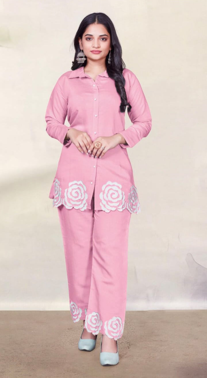 BABY PINK AND PISTA MUSLIN COORDSET WITH EMBROIDERY